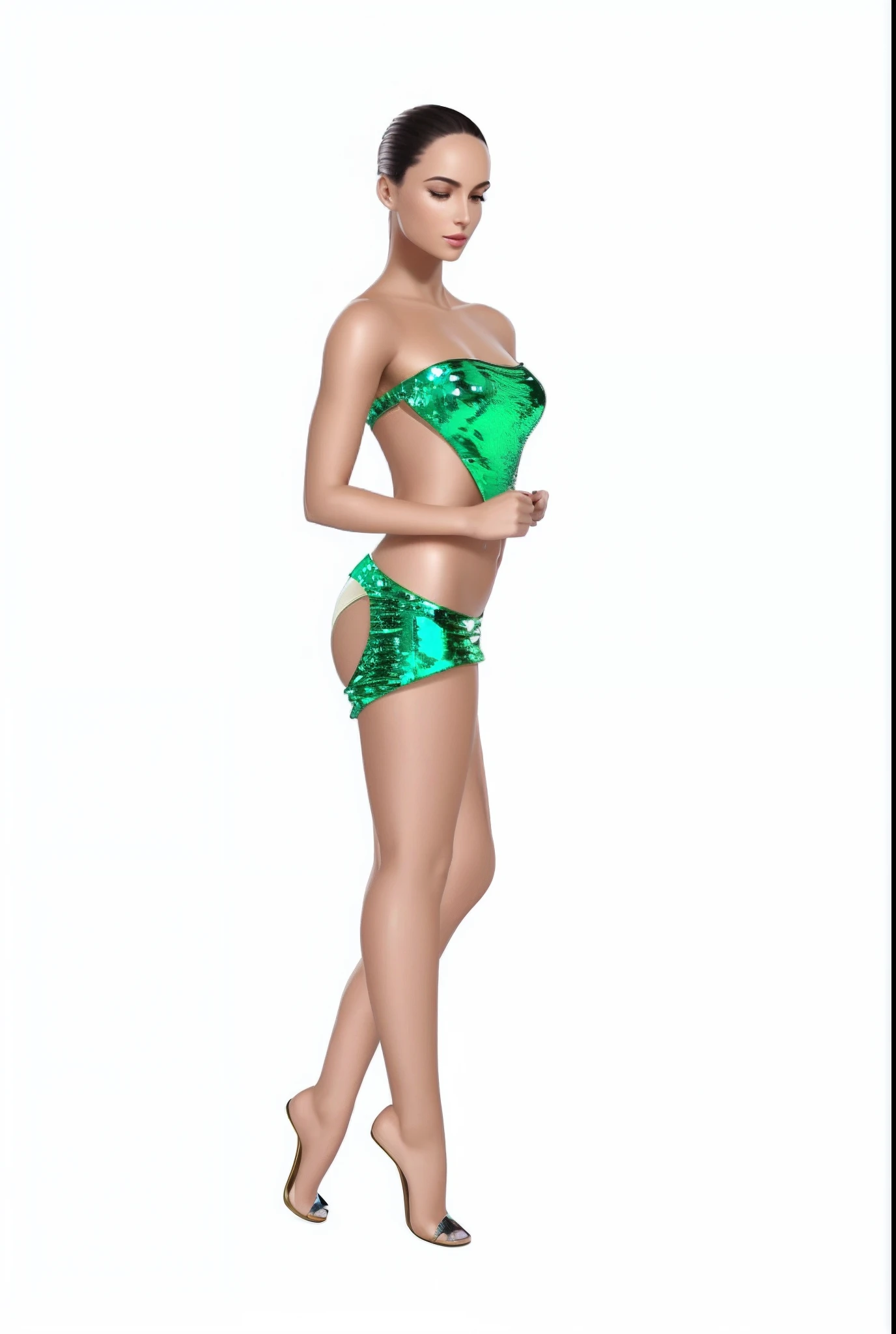 A closeup of a woman in a shiny metallic green ensemble top and metallic green skirt posing for a photo, 3 d render de um corpo feminino completo, corpo perfeito sombreado realista, corpo inteiro Corpo Pinup, corpo inteiro feminino, full body illustration detailed illustration, ethereal vaporous tan skin, figura magra feminina, corpo bonito da mulher, forma realista do corpo, ilustracao desenho