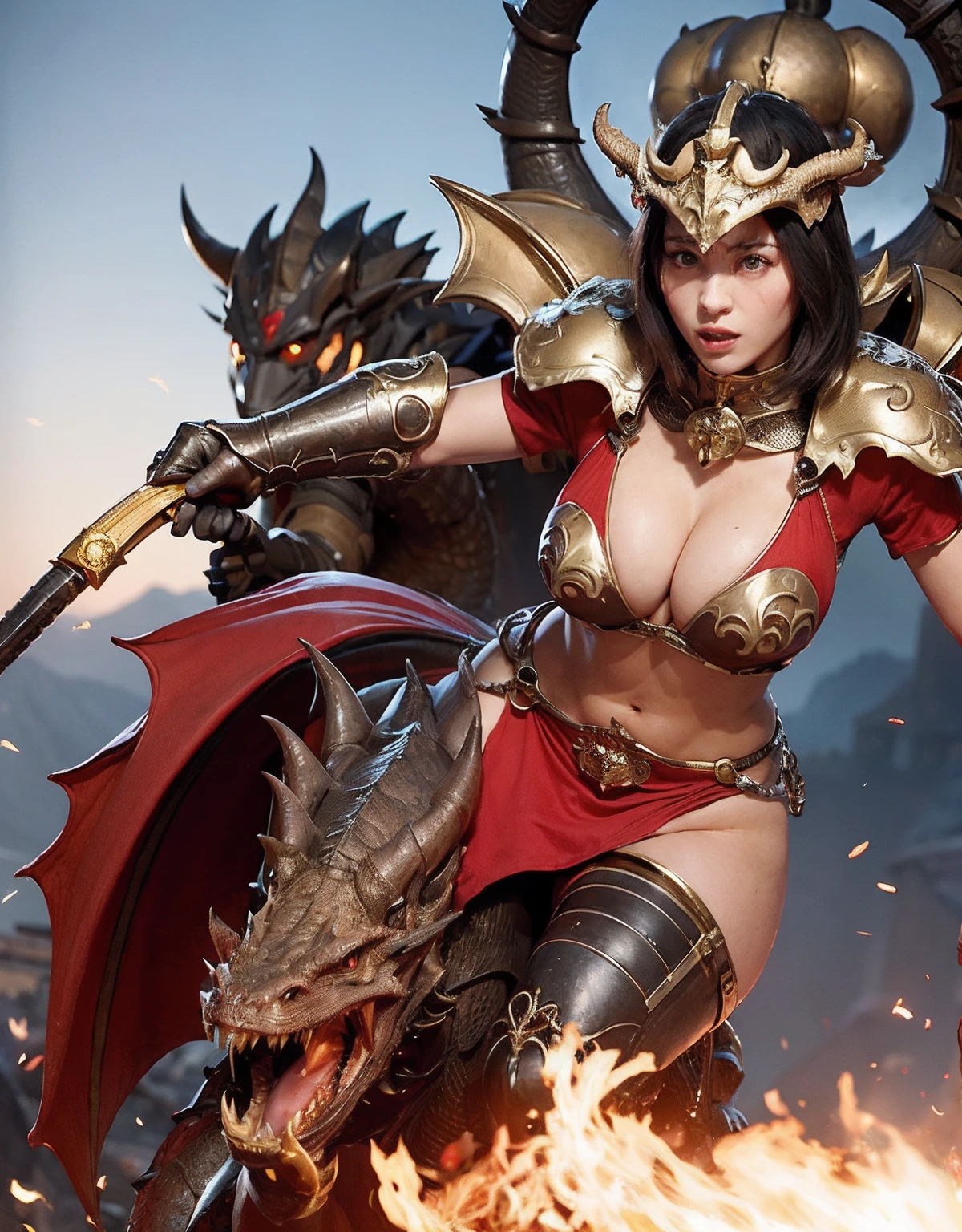 Professional , masterpiece、top-quality、photos realistic , depth of fields 、(Dragon Red Metal Body:1.9),(Enamel Red、(cleavage of the breast)、Dragon Gold Weapon、(Red Micro Bikini Armor:1.4),Gorgeous gold weapons ,(Riding a Demon Beast),(( Dragon's dense and gorgeous sword)) , (demonic wings)、((a blond))、(Castle background)、((Gangle's forest background))、((Fight dragons))、Beautiful Caucasian beauty、1a person、dynamic ungle,(((Detailed and ornate dragon helmet)))、Smaller head、A smile、Castle background、Thin and beautiful female hands、cleavage of the breast、Soldier in iron armor on background、Mystical expression、Light Effects、intense fighting、Wind-effect、magic circles、With the legendary magic wand、Dragon's tail、explosions、Anatomically correct body、
