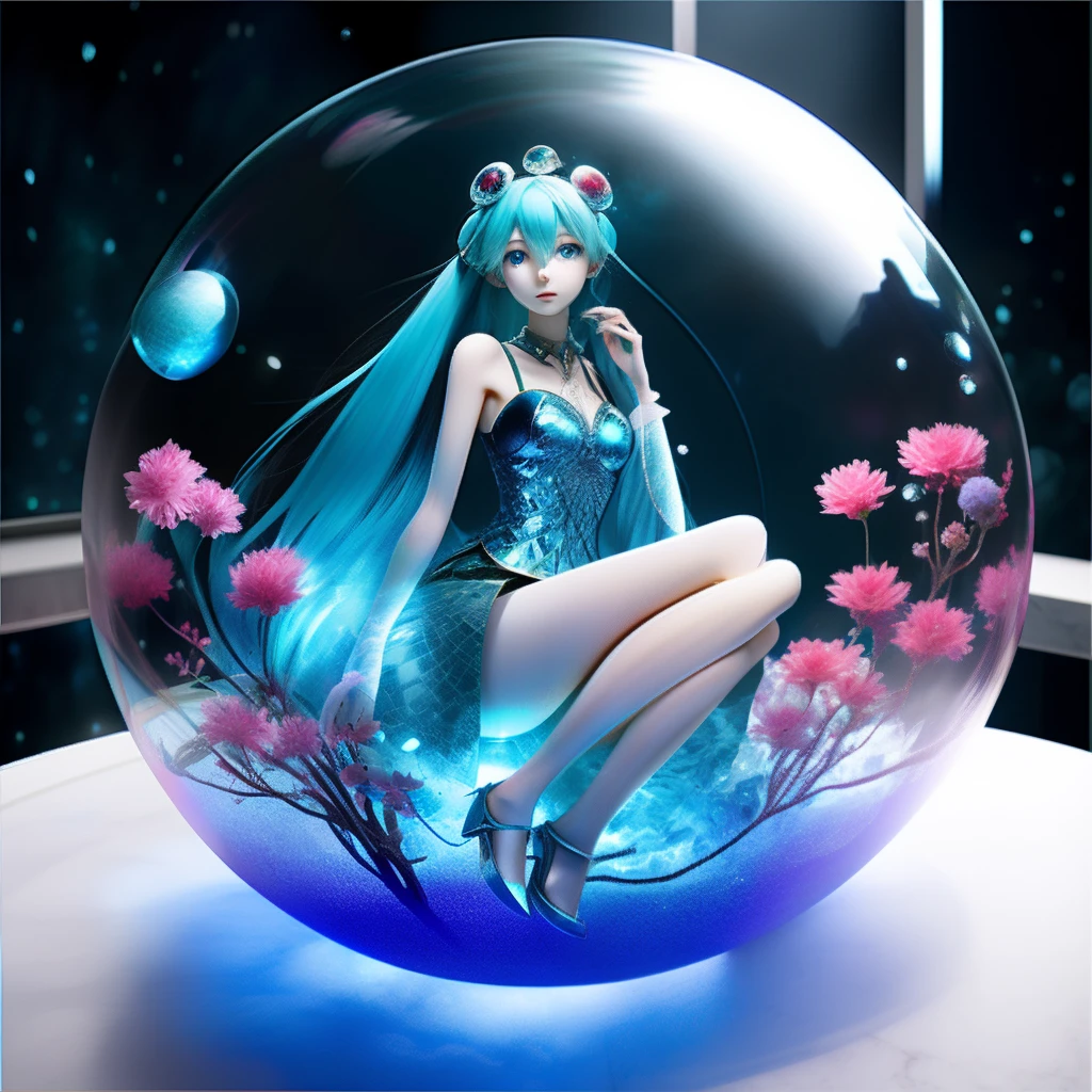 （A glass-complete sphere filled with water：1.3），Big breasts Hatsune Miku， blue  hair+Small pink flowers:1.3+Big red eyes，student clothes