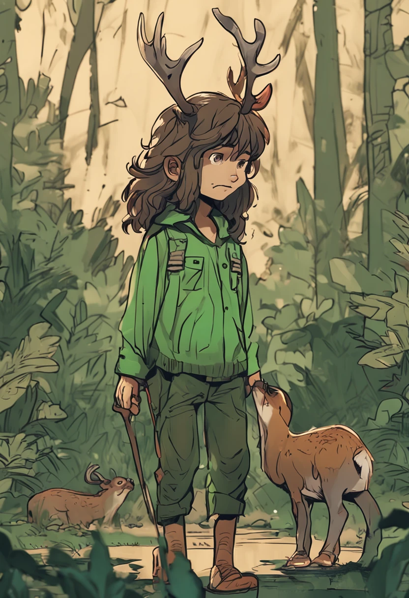 green long hair,with brown eye, with horns on his head,standing in forest,The lower body is a deer