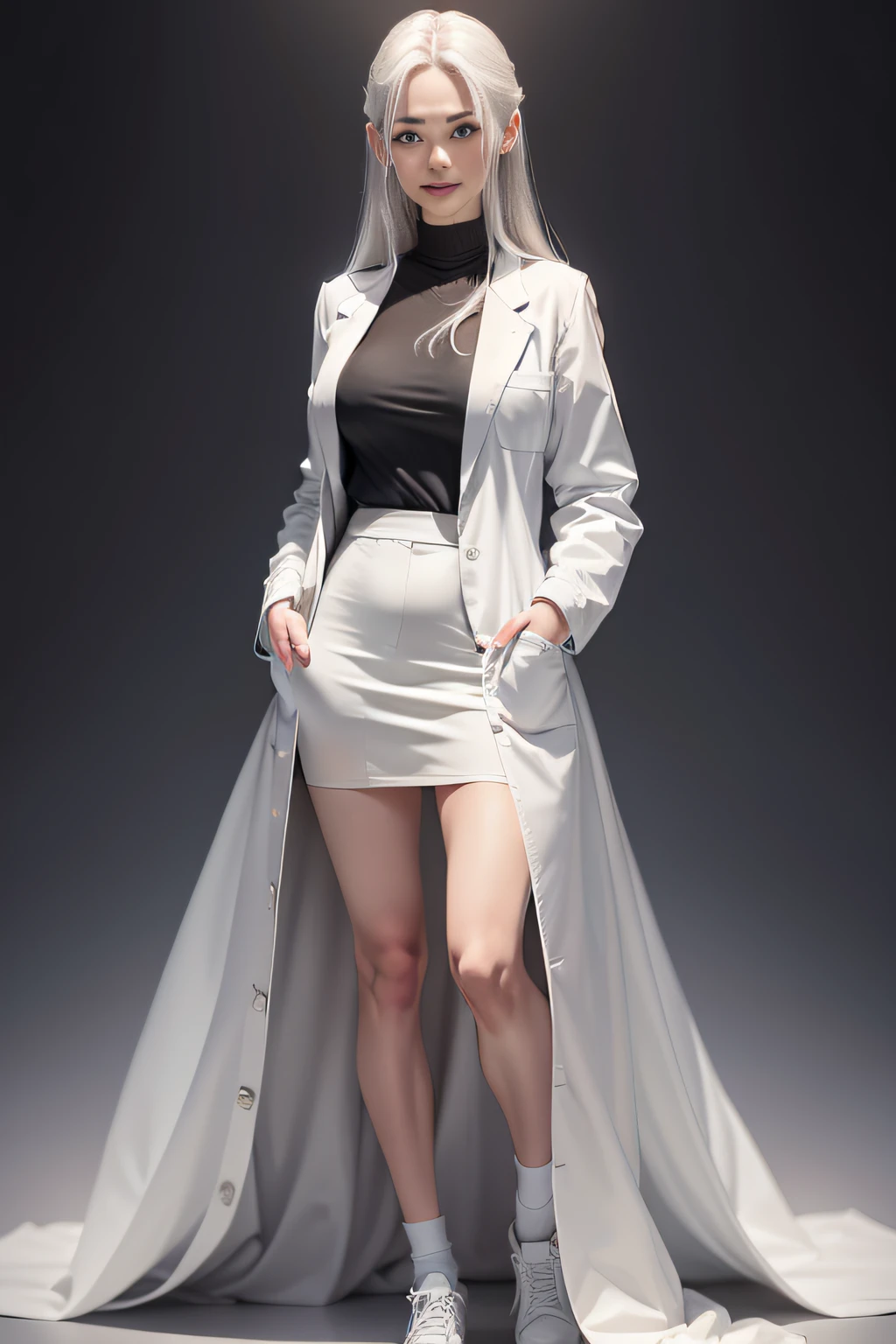 Full body, Upright, Arms at sides, Reach into the pocket of your lab coat, Face and body in front of the viewer, Simple background, 1 adult female, Mouth with raised corners of closed mouth, Smile coolly, Wearing a white coat, She wears long silver hair all back., slender and 9-headed, adult-like