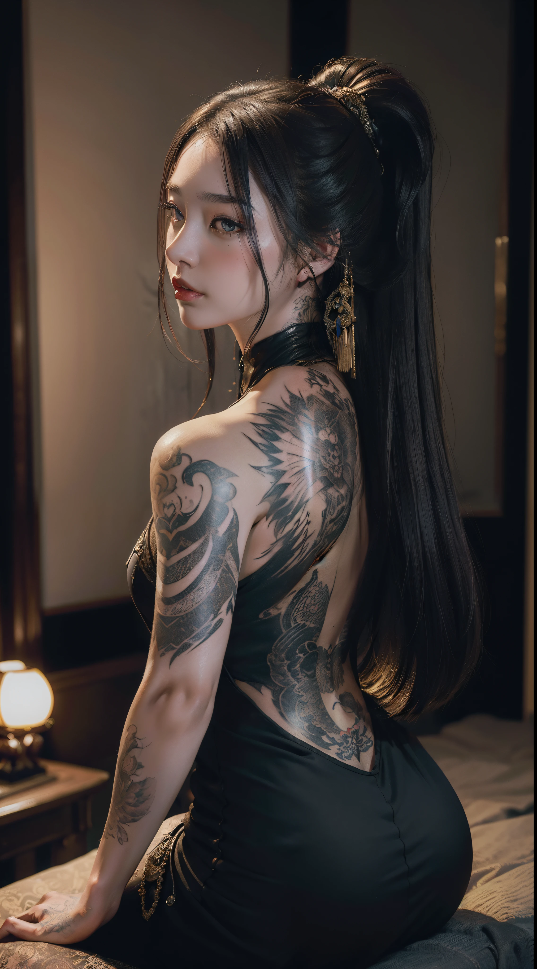 ((Masterpiece, Wlope style, Artwork, Portrait, Half body)) Beautiful and elegant yakuza girl DRAMATICALLY looking at her right side, no top dress, Big Dragon Tattoo at back, Detailed mask Background, Dark Ambient Lighting, Shot taken from back, Fantasy, Detailed tattoo, NSFW, dark atmosphere,