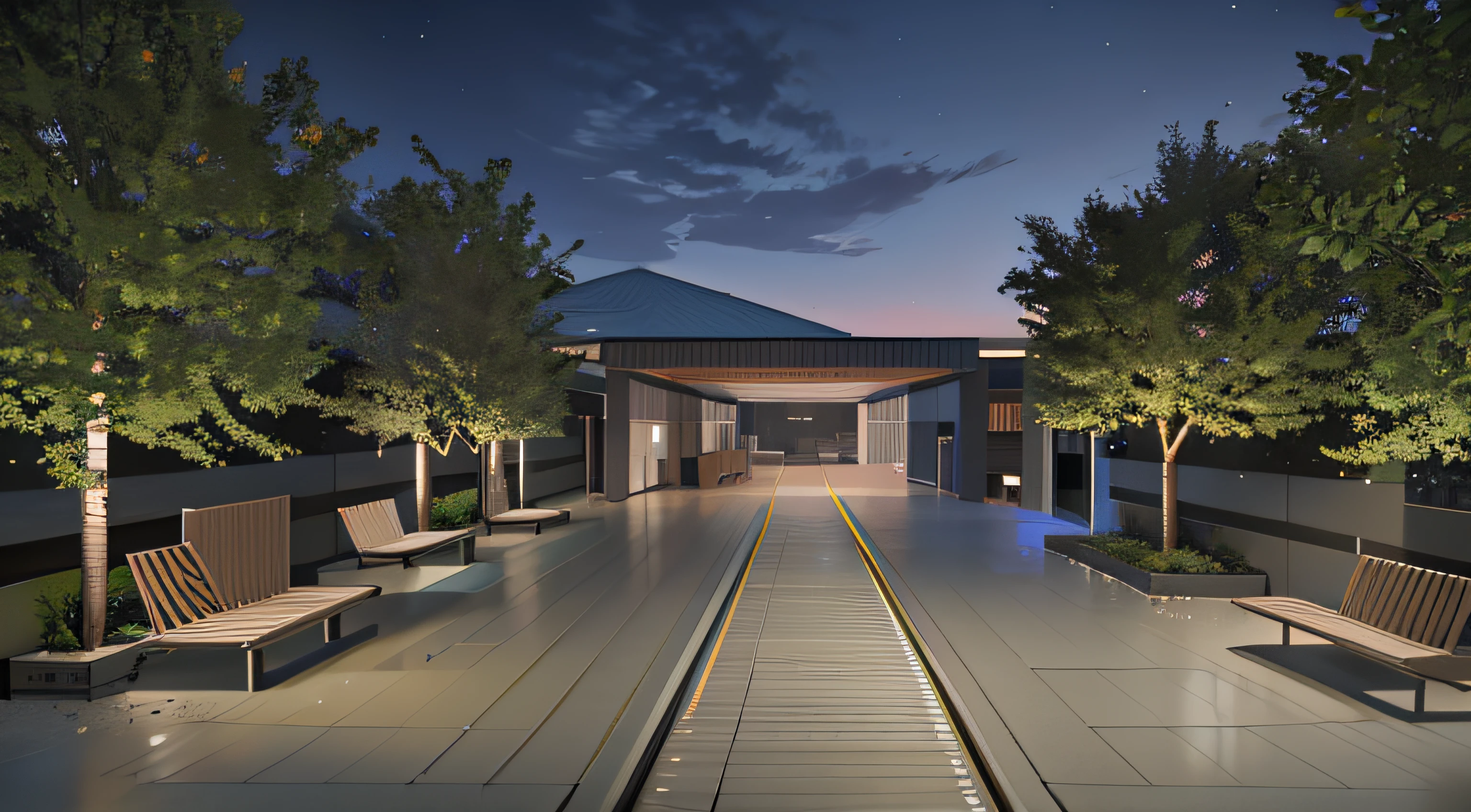 There is a long walkway in front of the building，There were benches and trees, night time render, building rendering, architectural render, high quality rendering, archviz, A digital rendering, Rammed earth courtyard, a digital rendering, architectural 3 d render, rendering, conceptual rendering, lumion rendering, paisible night lighting, architecture render, precise architectural rendering, archviz