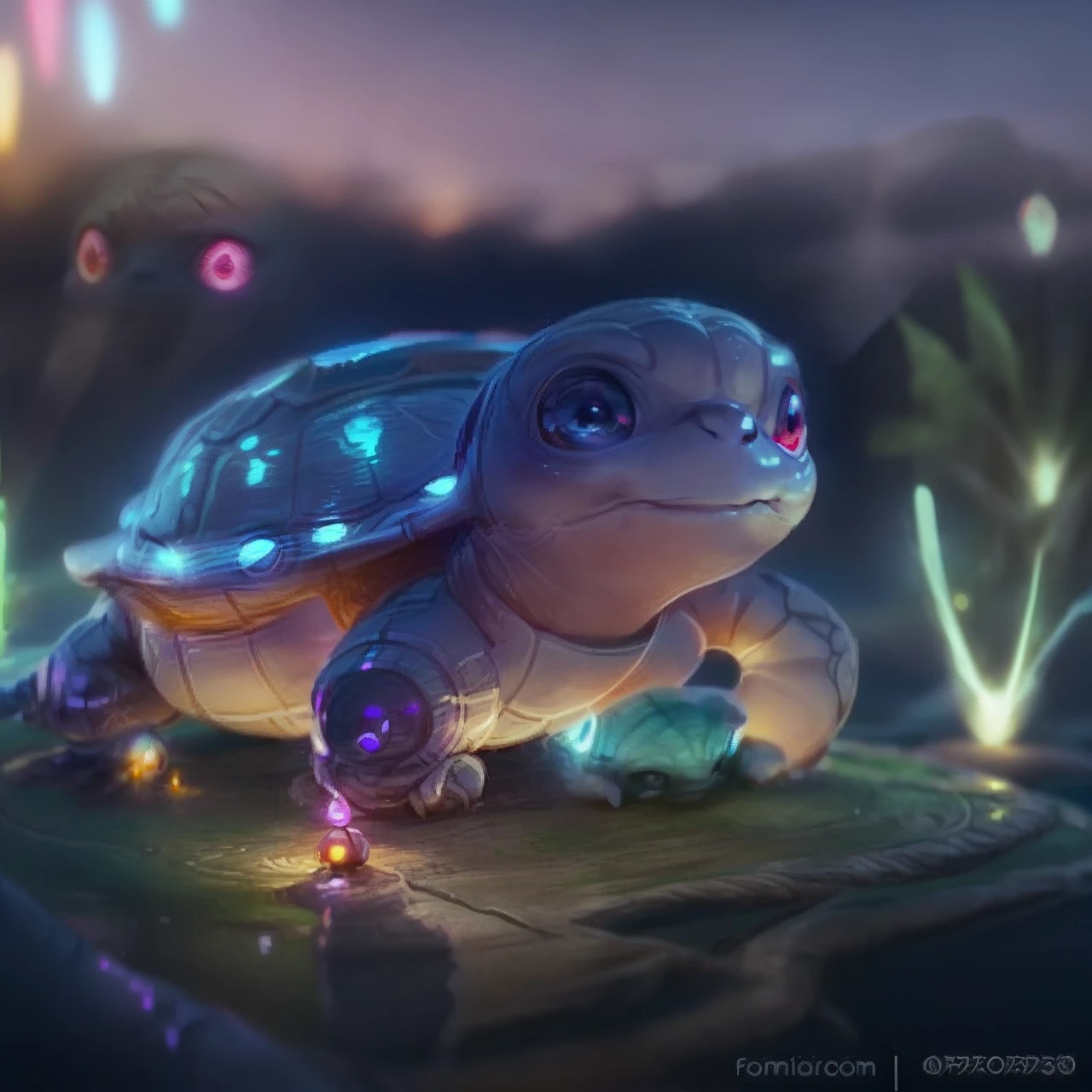 a close up of a turtle with glowing eyes on a body of water, adorable glowing creature, adorable digital painting, cute detailed digital art, cute digital art, glowing lights! digital painting, beautiful digital artwork, anthropomorphic turtle, squirtle, as an anthropomorphic turtle, its a deep dream, beautiful digital art, cute 3 d render