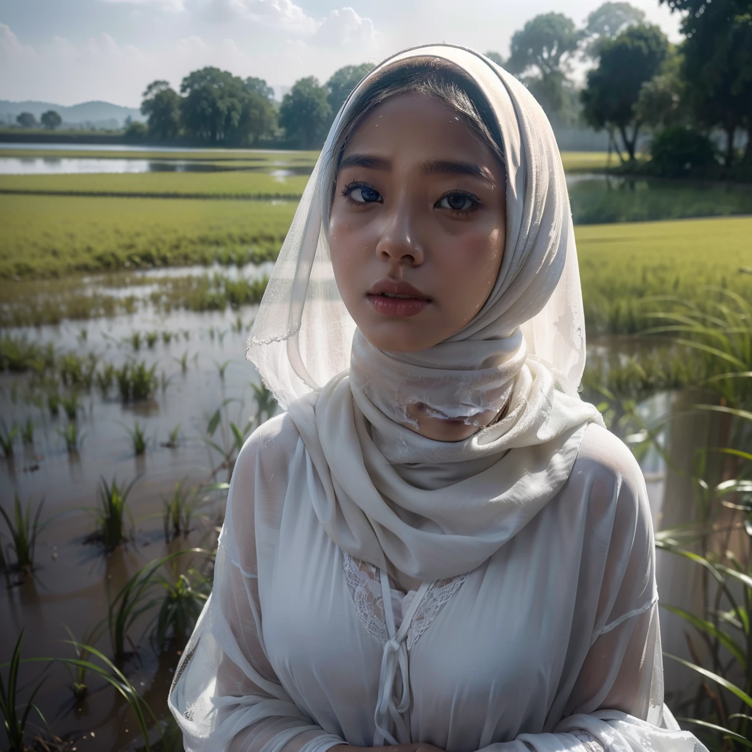 hazy light and shadow, aestheticism, melancholic film, (cloudy), 1 malay girl with hijab, white hijab, emotional depth, Torn lingerie、Muddy and lying in the middle of a rice field、Sadness face, Skin full of abrasions、Realistic dirty skin texture、mud、Covered in mud、Sunburned skin、poverty、Unhappy life