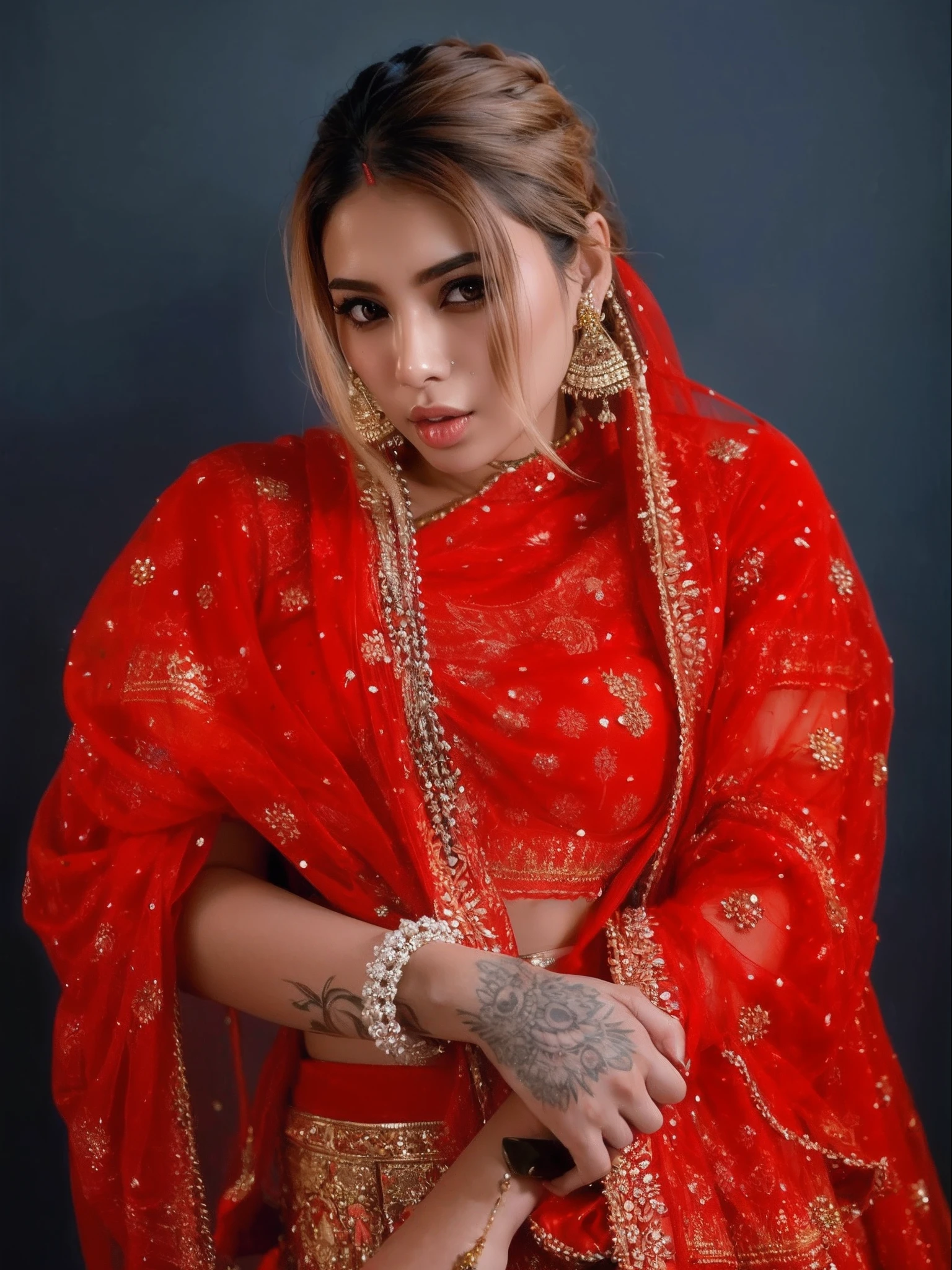 a woman in a sari posing for a picture, indian goddess, traditional beauty, indian, beautiful goddess, ornate cosplay, indian style, indian super model, beautiful maiden, gorgeous woman, south east asian with long, provocative indian, gorgeous beautiful woman, intricate outfit, hindu aesthetic, beautiful asian girl, extremely detailed goddess shot, jaw-dropping beauty, big boobs deep cleavage sexy navel