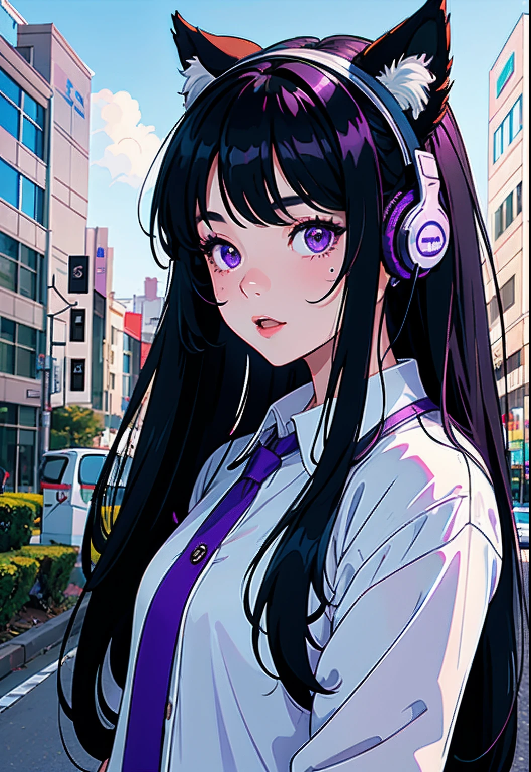 masterpiece, best quality, girl with animal ear headphone on, purple eye, black long hair, falling in the sky, cool girl, cloud, korean school uniform , bright, happy, fun, soft lighting, 20 year old girl, glowing skin, outdoor, digital art, digital face, digital skin, detailed hair