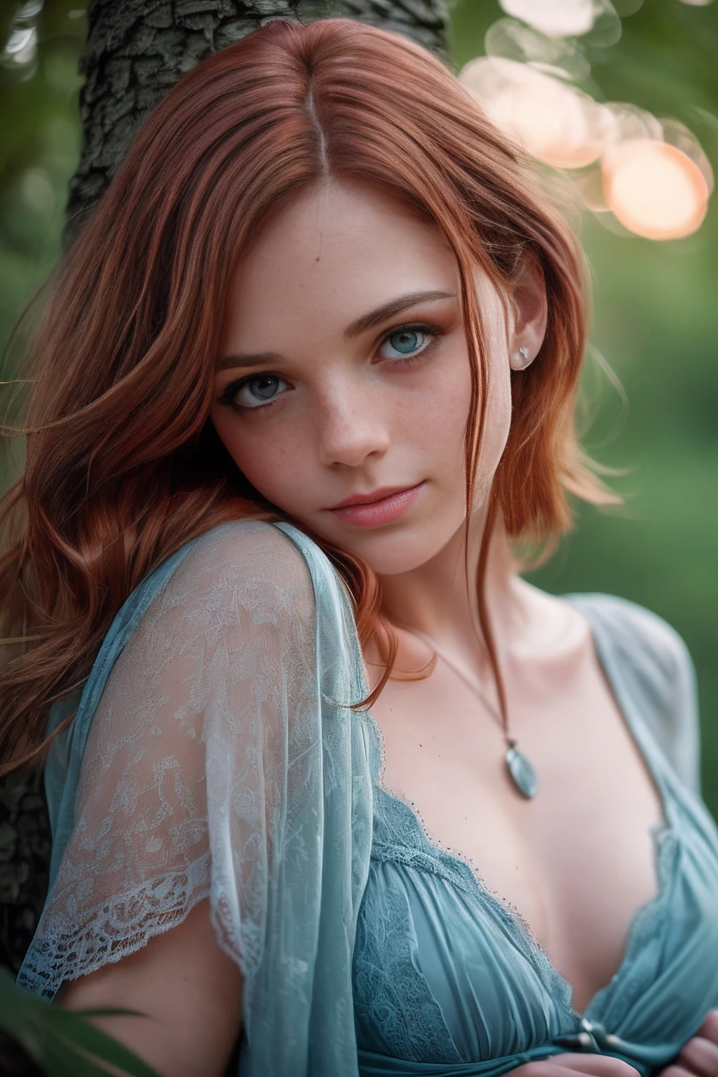 (8k, RAW photo, highest quality) depth of field, bokeh, 8K, HDR, cinematic rendering, a portrait of a 36-year-old redhead, framing from the navel, some small freckles, dressed in a ragged nightie, straps dropped, peeled off, leaning against a tree in the wilderness, goosebumps, cinematic, faded colors, dark shot,  muted colors, grainy film, read, crazy details, intricate details, hyperdetailed, sunset, shyness, seduction, romance, looks at the camera lens lovingly, no visible hand, shadows and lights