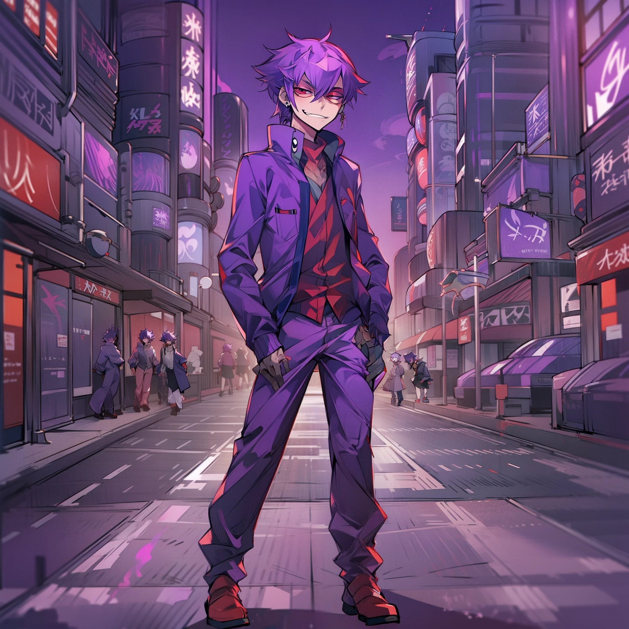 mirokujiyuuya, yanke, short hair, purple hair, ,, vest, pants, ,, pullover, coat, smug, standing, solo focus, full body, walking, city, one character,MFBP1, red eyes