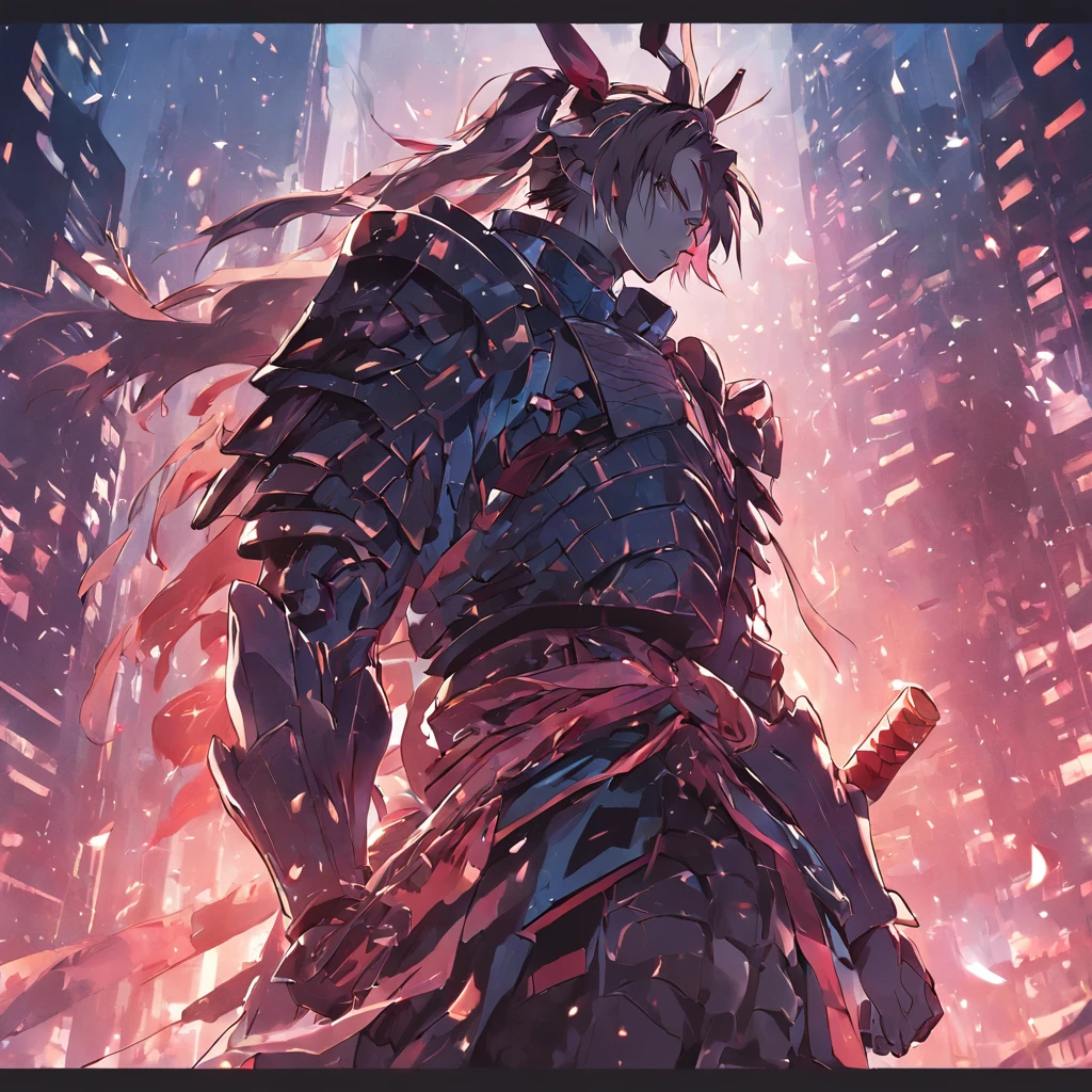 A samurai in modern armor on top of a skyscraper, Fantastic image, Close-up, 8k