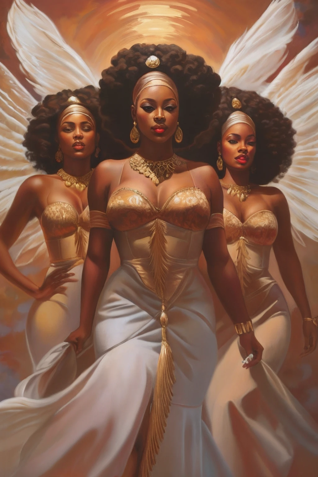 painting of three women in white dresses with wings on their shoulders, inspired by Thomas Blackshear, by Thomas Blackshear, dark skin female goddess of love, epic 3 d oshun, goddess queen, afrofuturism, goddess portrait, a stunning portrait of a goddess, curvaceous. detailed, goddess. extremely high detail, goddess close-up portrait