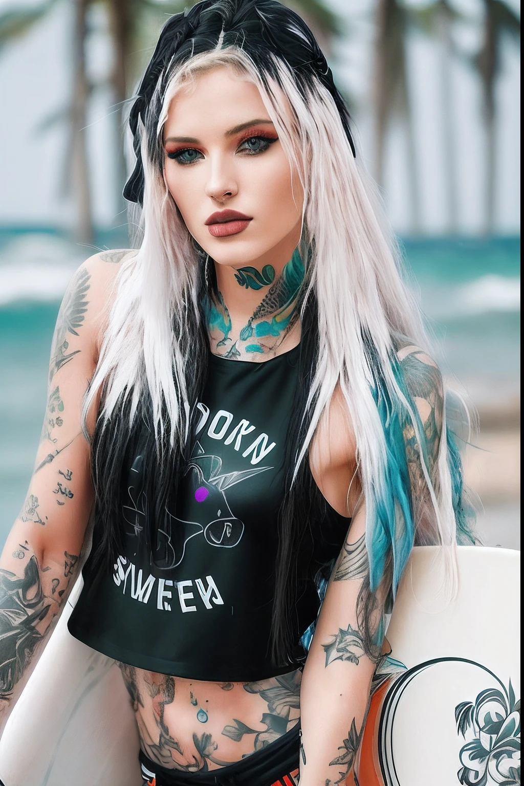 Colorful arafed woman with long hair holding a surfboard in a black and white photo, in black and white, with tattoos, anna nikonova aka newmilky, inked, olga buzova, aleksandra waliszewska, dasha taran, tattooed, back and white, yelena belova, black and white monochrome, blonde goddess