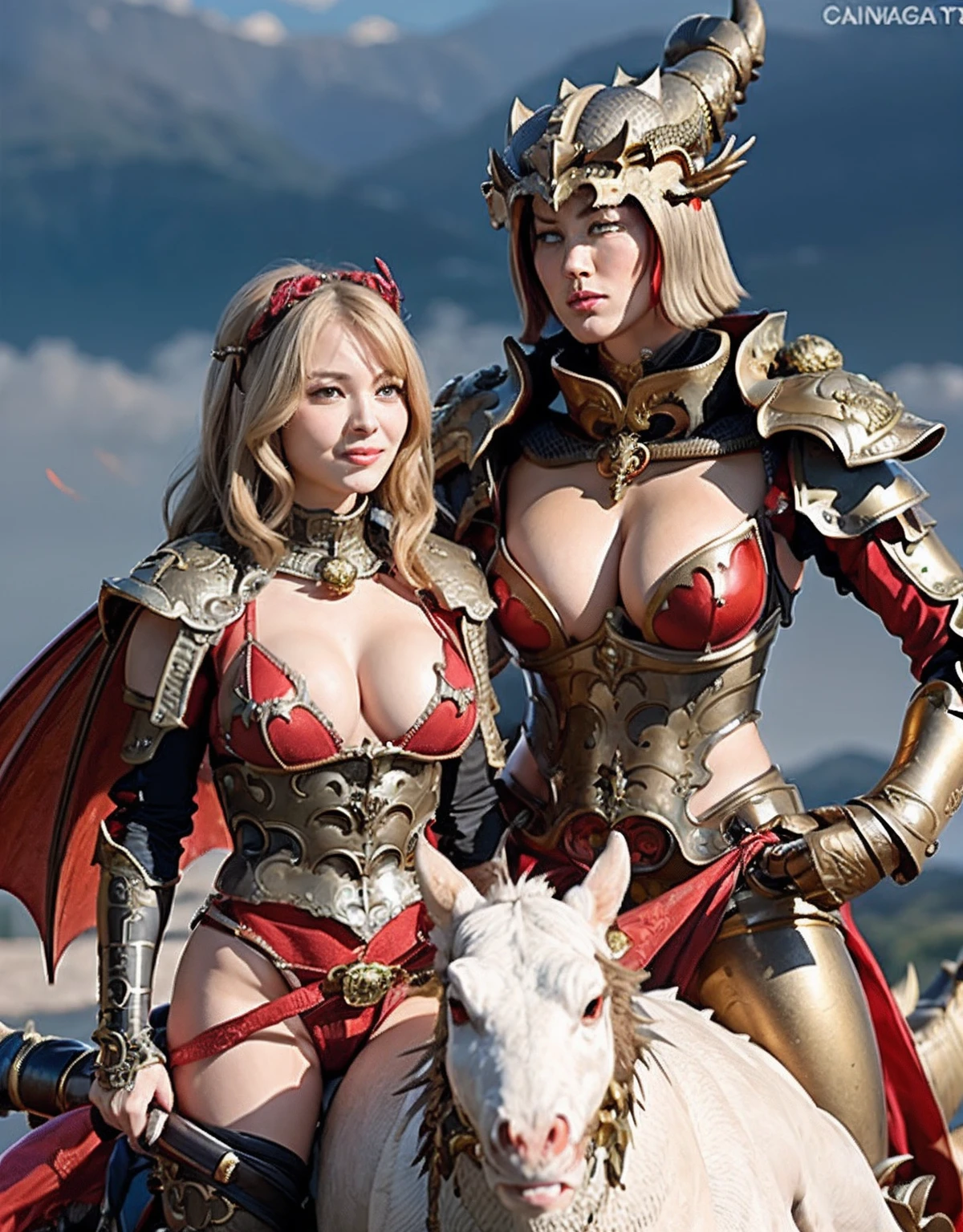 Professional , ​masterpiece、top-quality、photos realistic , depth of fields 、（Dragon Red Metal Body:1.９),(Enamel Red、（cleavage of the breast）、Dragon Gold Weapon、（Red Micro Bikini Armor:1.４),Gorgeous gold weapons ,(Riding a Demon Beast),（（ Dragon's dense and gorgeous sword）） , （demonic wings）、（（a blond））、（Castle background）、（（Gangle's forest background））、（（Fight dragons））、Beautiful Caucasian beauty、１a person、dynamic ungle,(((Detailed and ornate dragon helmet)))、Smaller head、A smile、Castle background、Thin and beautiful female hands、cleavage of the breast、Soldier in iron armor on background、Mystical expression、Light Effects、intense fighting、Wind-effect、magic circles、With the legendary magic wand、Dragon's tail、explosions、Anatomically correct body、