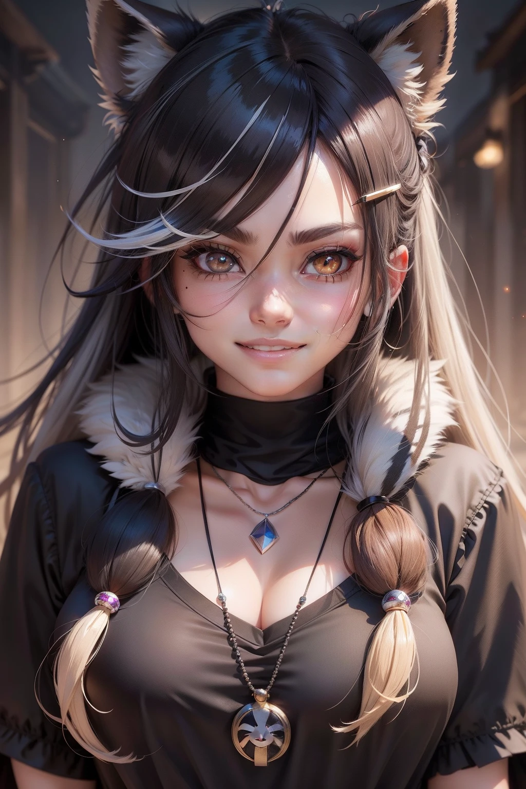 streaked hair, ahoge, hairclip, sunglasses, bead necklace, mole under eye, raised eyebrows, gradient eyes, raccoon ears, light smile, evil smile, bright pupils, anime style, Romanticism, UHD, masterpiece, textured skin, high details
