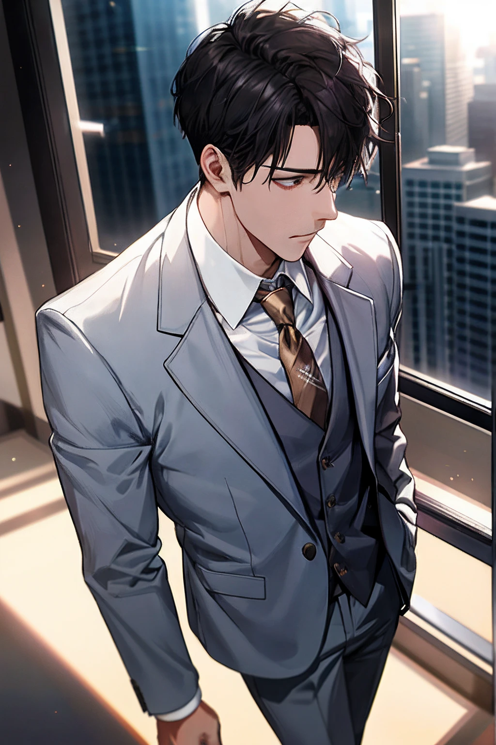 1boy, face focus, adult, business suit, jacket, white shirt, necktie, pants, best quality, hires, detailed face, office, buildings from window, detailed background, diffused sunlight, depth of field, bokeh