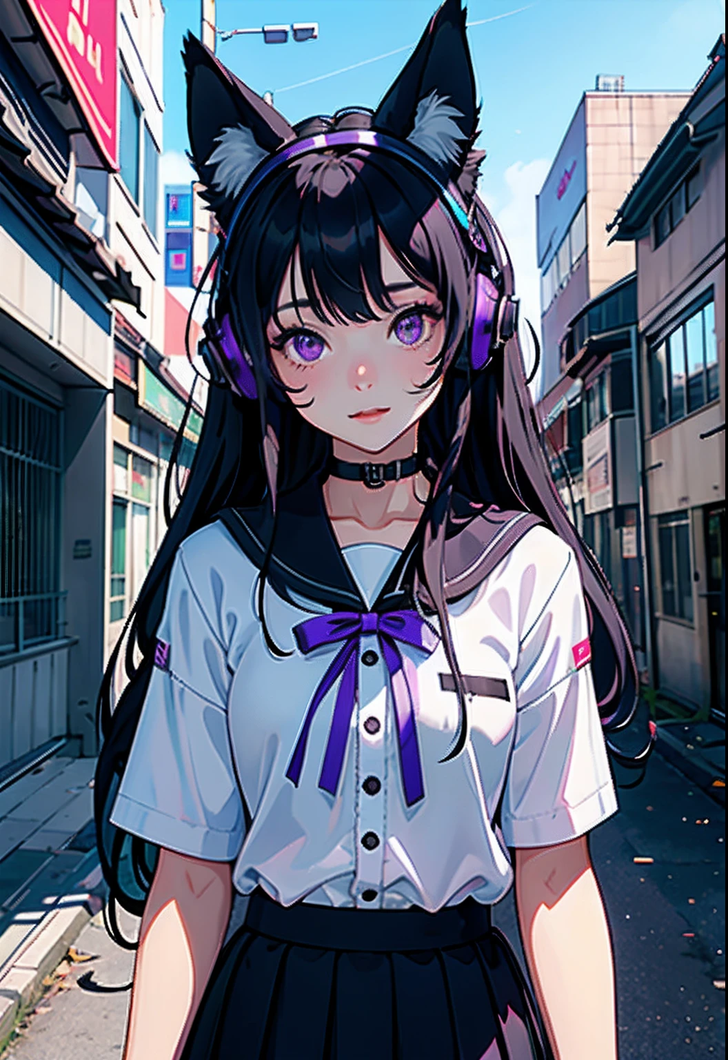 masterpiece, best quality, girl with animal ear headphone on, purple eye, black long hair, falling in the sky, cool girl, cloud, korean school uniform , bright, happy, fun, soft lighting, 20 year old girl, glowing skin, outdoor, digital art, digital face, digital skin, detailed hair, realistic, 4k