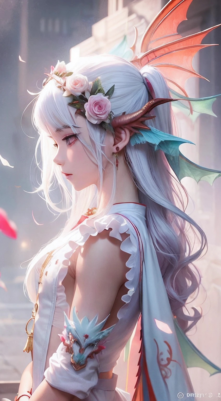 anime boy with white hair and wings and a flower crown, 2. 5 d cgi anime fantasy artwork, fanart best artstation, fantasy art style, artwork in the style of guweiz, fantasy art behance, ross tran 8 k, wlop rossdraws, detailed digital anime art, anime fantasy artwork, 4k fantasy art, epic fantasy art style, boy dragon, vivid eyes pink, eyes of dragon, body skinny, black clothes, 8k
