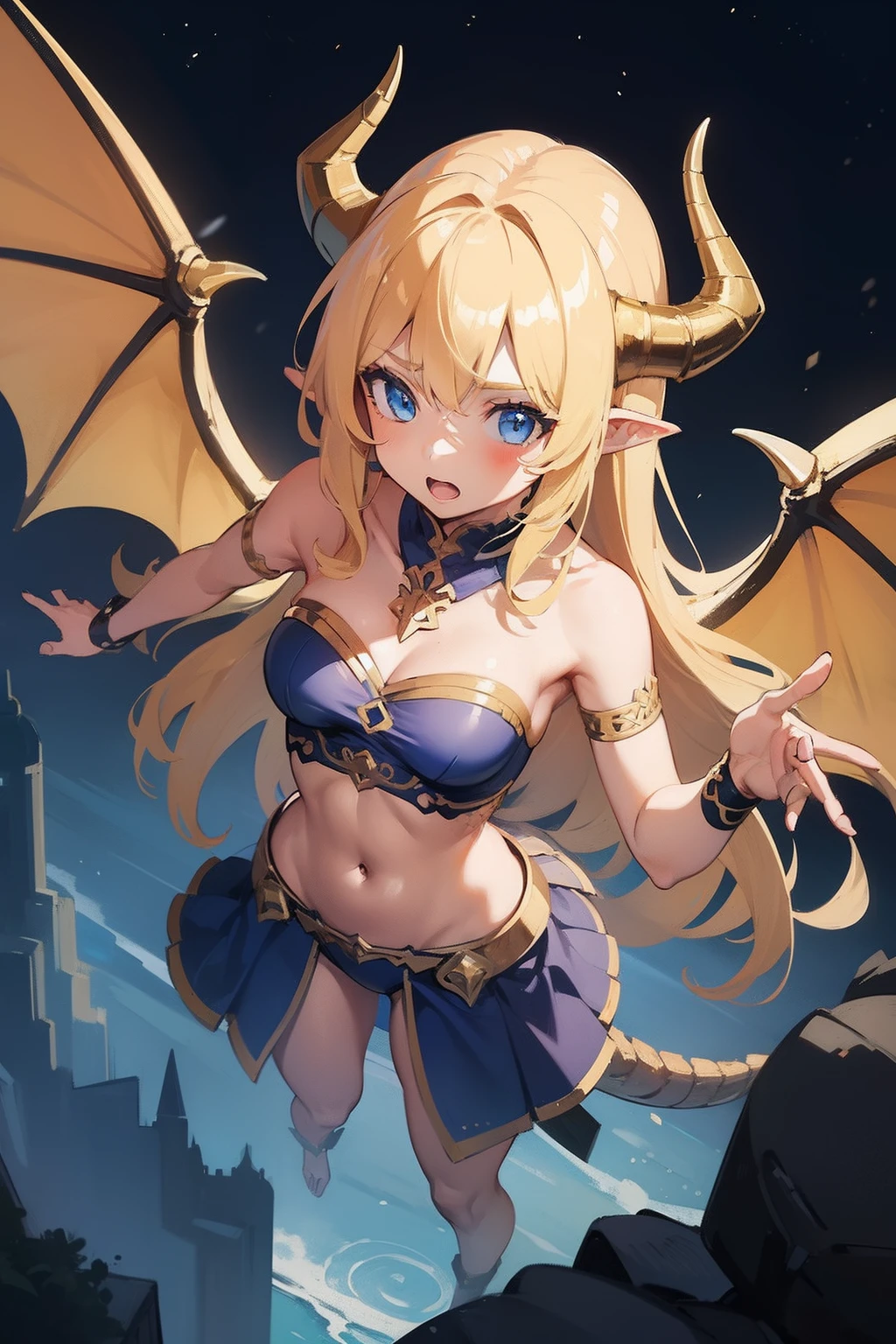 (from above, aerial view:1.2), (fantasy:1.4), cityscape, above cloud, foggy, (wide shot:1.3), BREAK (1girl:1.5), blonde hair, blue eyes, long hair, bandeau, navel, pelvic curtain, (dragon girl:1.1), dragon horns, (dragon wings:1.2), dragon tail, (scales, intricate details:1.2), BREAK dynamic pose, flying, floating, airborne, looking afar, outstretched arms, dark tan, succubus horns