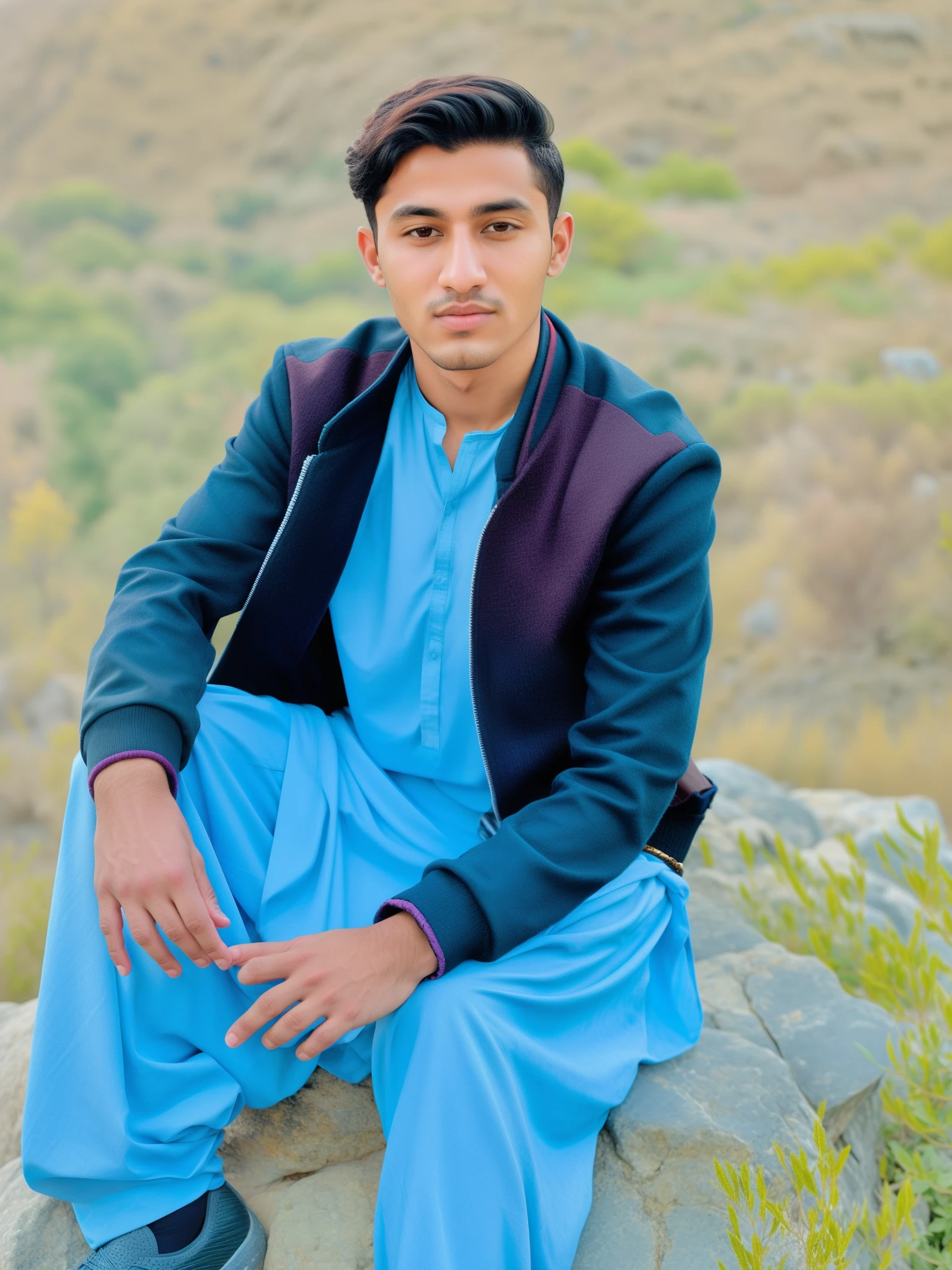 arafed man sitting on a rock in a blue outfit, khyzyl saleem, ash thorp khyzyl saleem, mid shot portrait, an afghan male type, around 1 9 old, riyahd cassiem, profile picture 1024px, portait image, kyza saleem, taken in the early 2020s