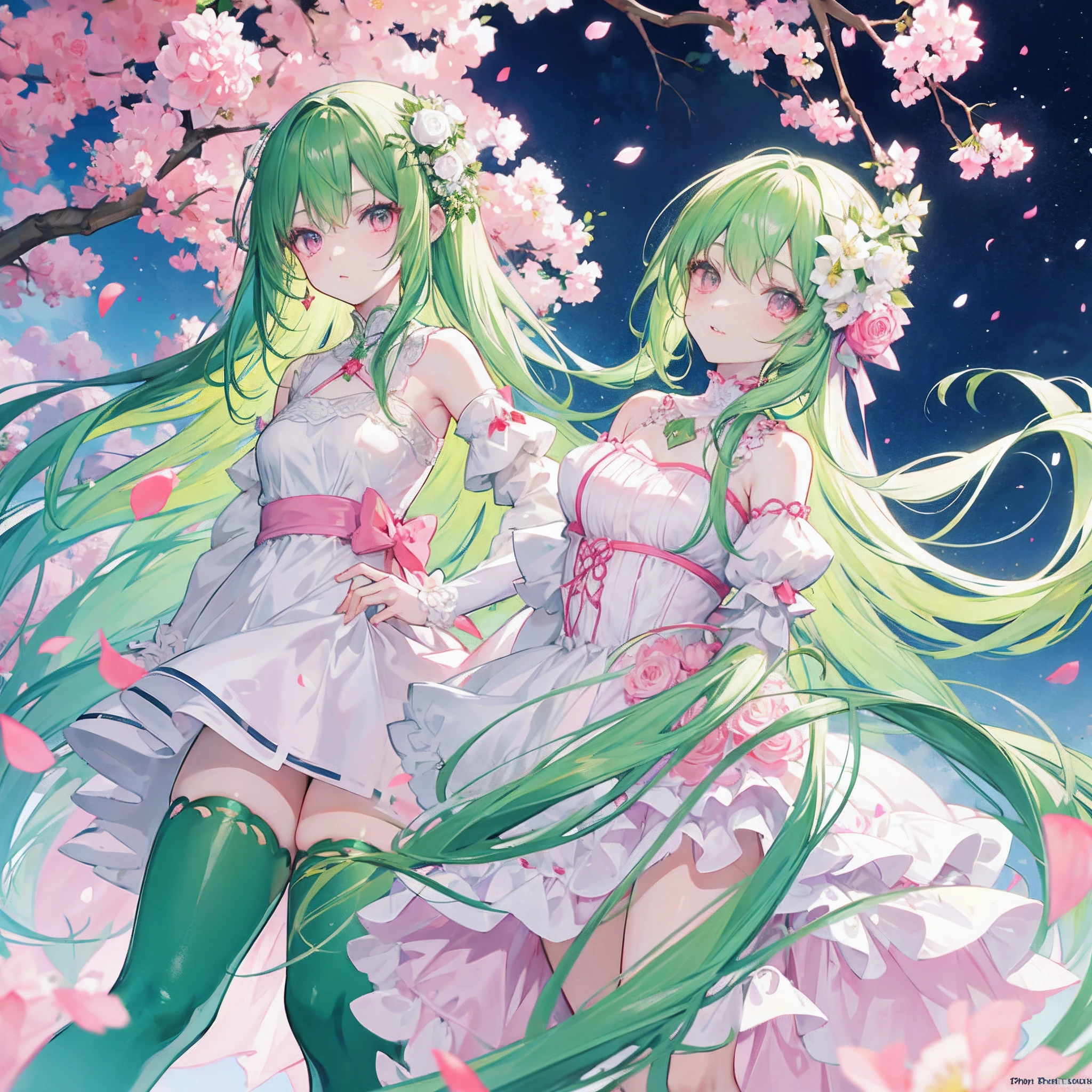 anime girl,long green hair,pink eyes,wears a dress made from the petals of a white rose