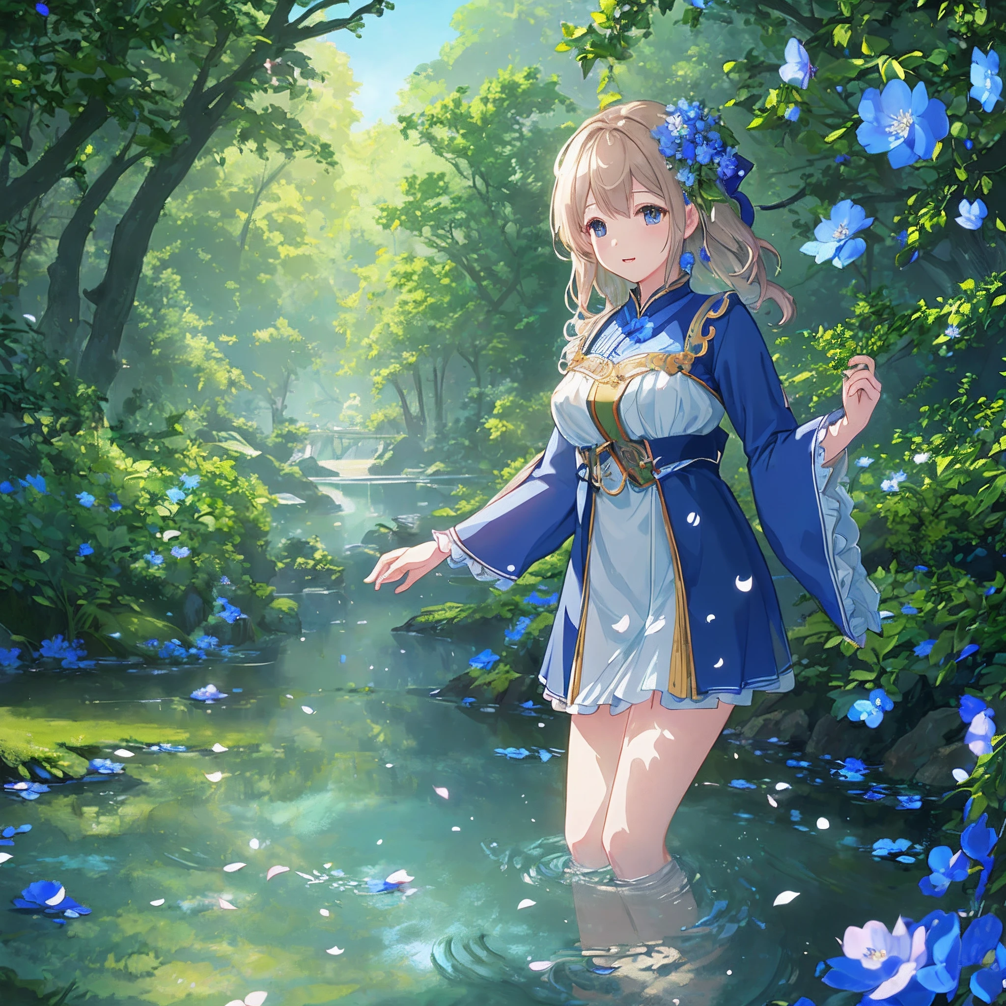 Masterpiece, best quality, (very detailed CG unity 8k wallpaper) (best quality), (best illustration), (best shadows) Nature&#39, blue river,delicate leaves petals of various colors falling in the water, light Tracking, super detailed --v6