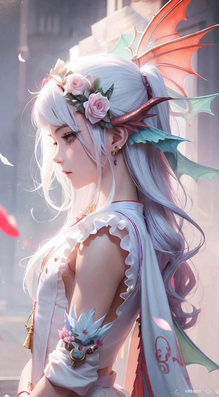 anime boy with white hair and wings and a flower crown, 2. 5 d cgi anime fantasy artwork, fanart best artstation, fantasy art style, artwork in the style of guweiz, fantasy art behance, ross tran 8 k, wlop rossdraws, detailed digital anime art, anime fantasy artwork, 4k fantasy art, epic fantasy art style, boy dragon, vivid eyes pink, eyes of dragon, body skinny, black clothes, 8k