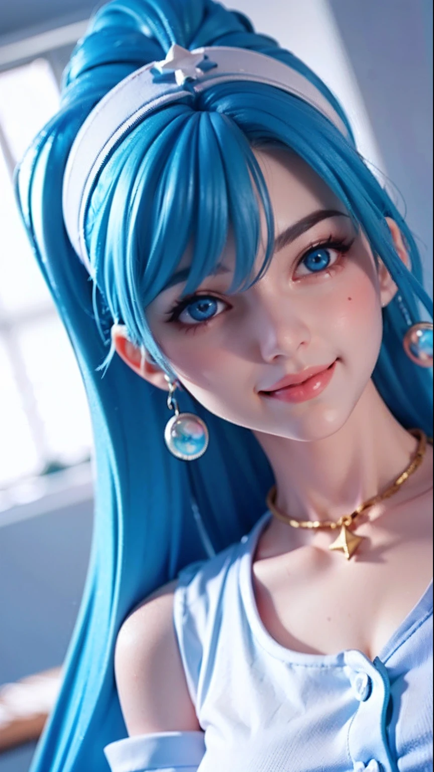 (masterpiece:1.5), (best quality:1.5), 3dmm,highres, highly detailed,3DG,1girl, big blue eyes, long blue hair, white headgear, smiling, looking at viewer, cute and girly\(idolmaster\), 3d rendering, octane rendering, subsurface scattering skin, soft and bright lighting, clear focus, clean background, perfect face, perfect eyes,
