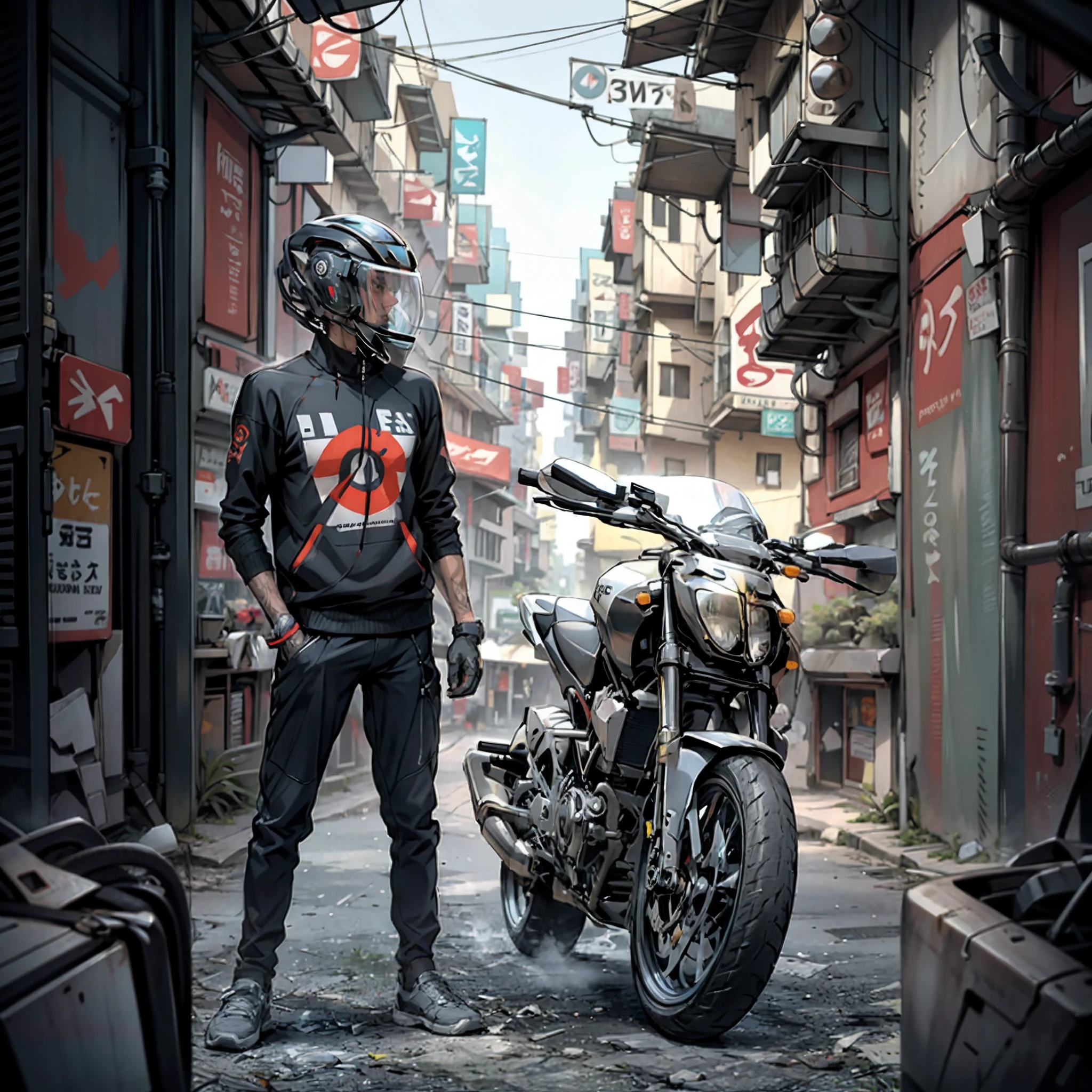 Cyber punk world, stylish clothes, don't change face, natural skin don't change bike,