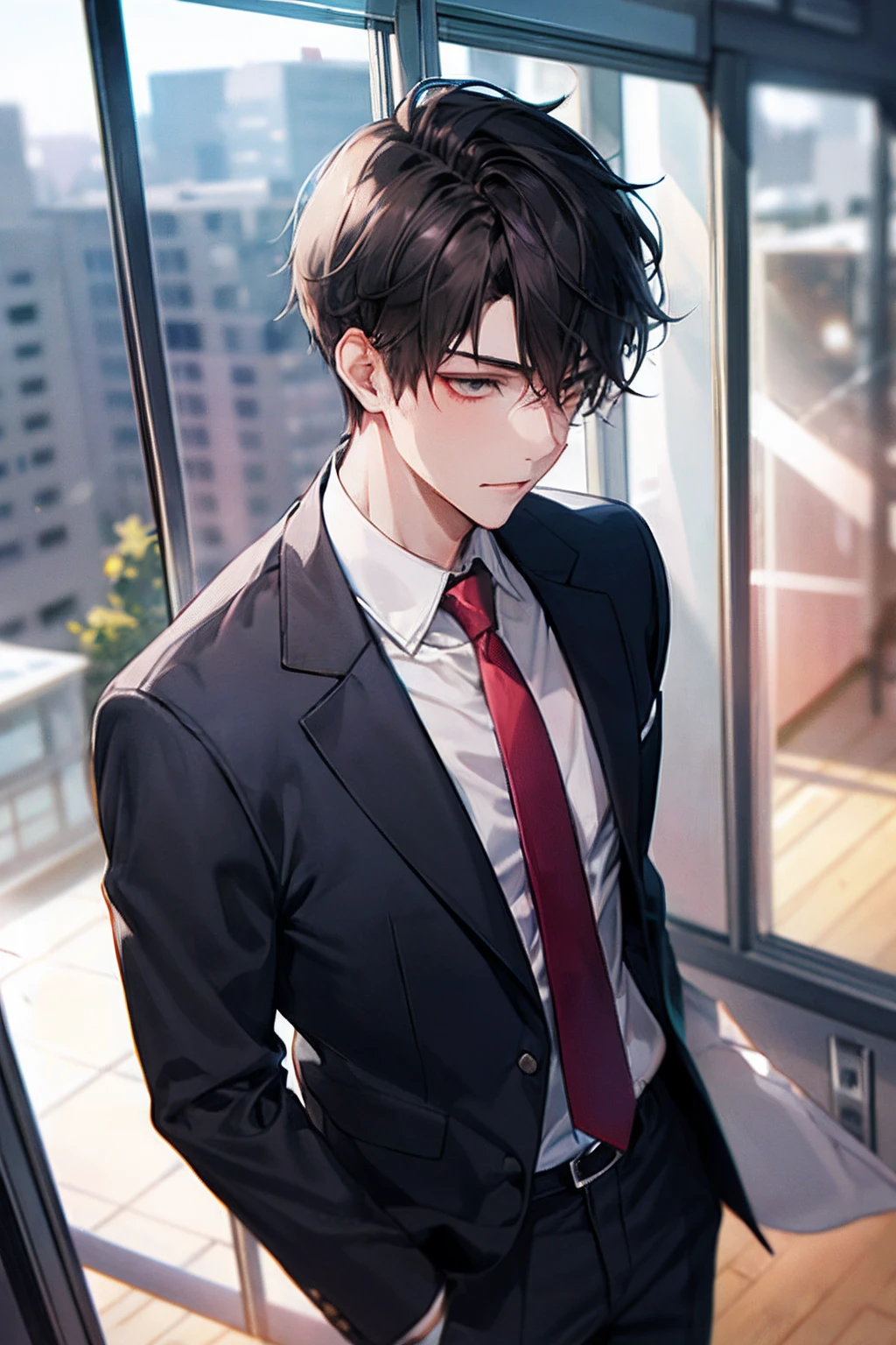 1boy, face focus, adult, business suit, jacket, white shirt, necktie, pants, best quality, hires, detailed face, office, buildings from window, detailed background, diffused sunlight, depth of field, bokeh