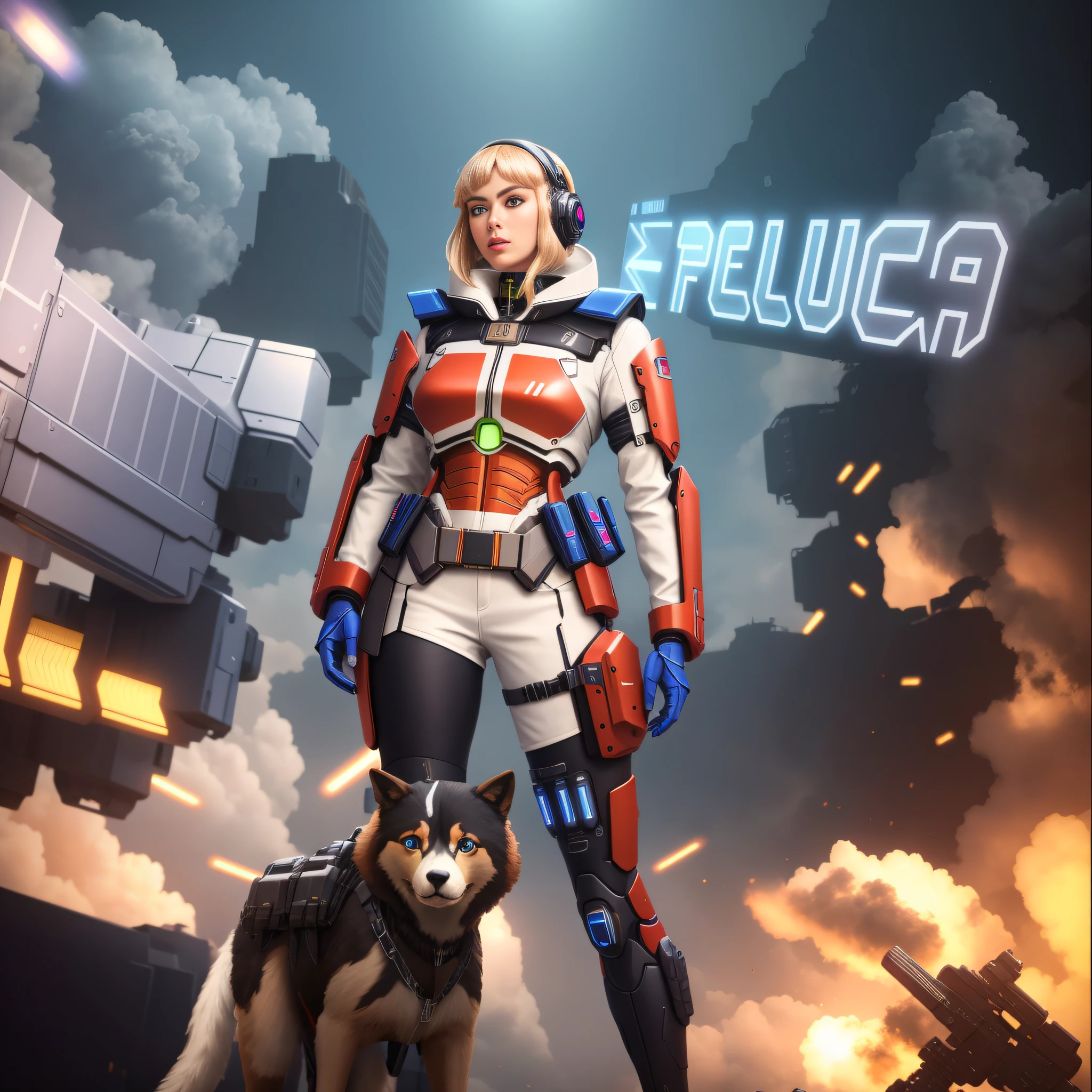 Foto de cuerpo entero, Mujer cyborg, Futuristic metal armor body, with power cords, luces azules en su pecho, She has a half human head half with mechanical parts appearing., Pelo negro corto, Blue eye and mechanical eye with laser sight, Mirando al espectador, desde el frente, pechos grandes, Body half human and half mechanical, She is in a futuristic city at war between humans and machines.., Ella sostiene armas futuristas de alto calibre, cyberpunk, troll, anime, Arte pop, Obra maestra, 16k, Detalles altos, UHD, La mejor calidad