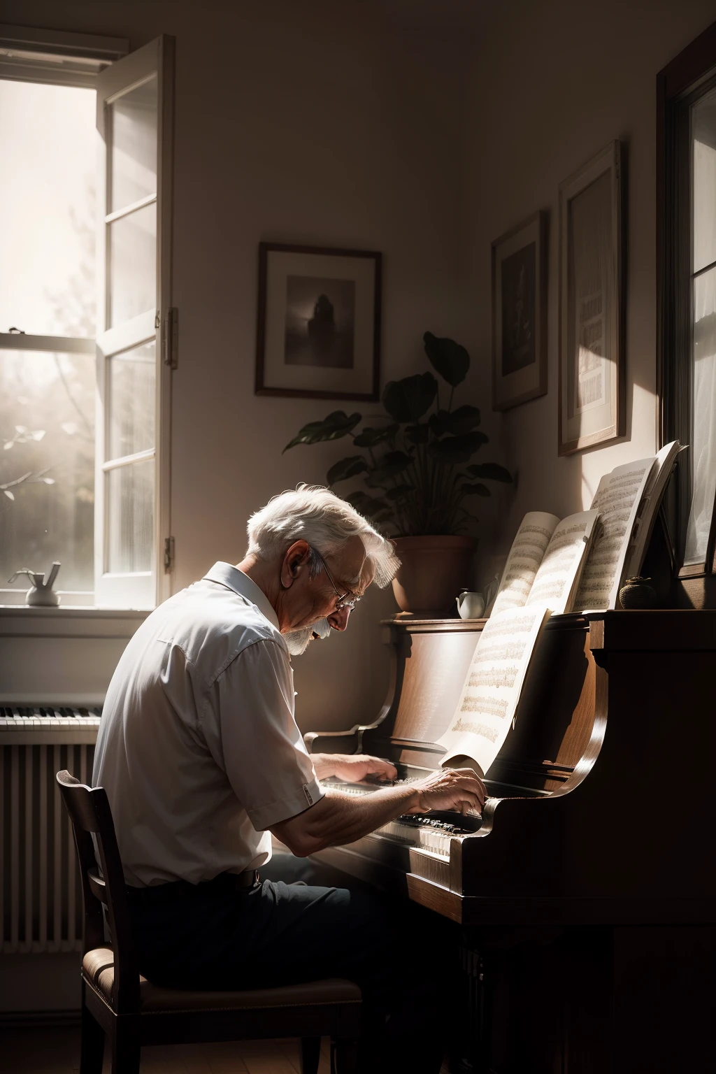 old man sitting playing a piano in front of an acoustic window (dramatic mood)