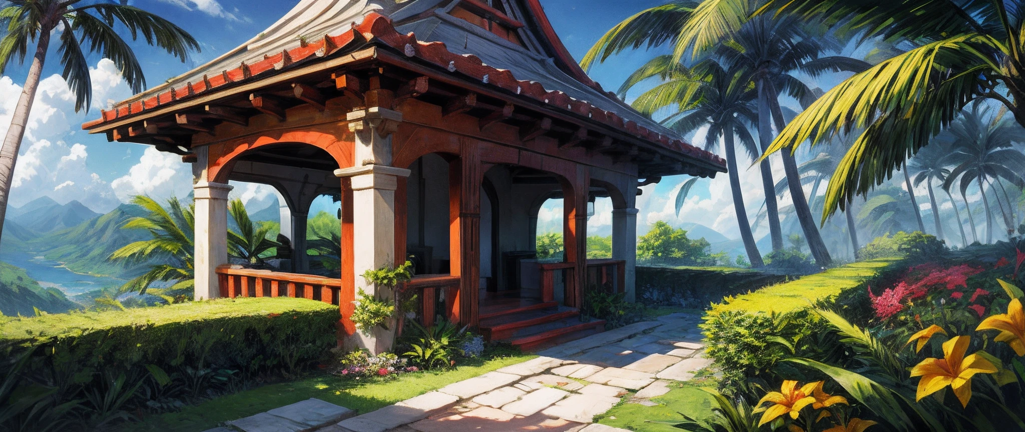 digital illustation, best quality, absurdos, Casa de campo de pedra, Ecopunk, Paradise, flor, verdejante, tropical