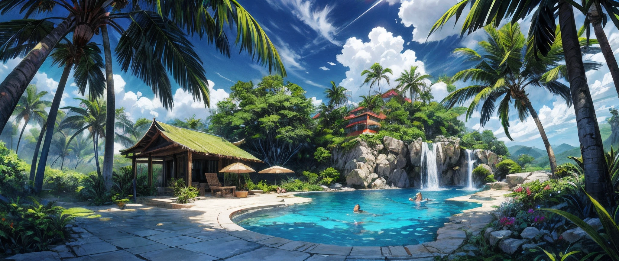 digital illustation, best quality, absurdos, Casa de campo de pedra, Ecopunk, Paradise, flor, verdejante, tropical