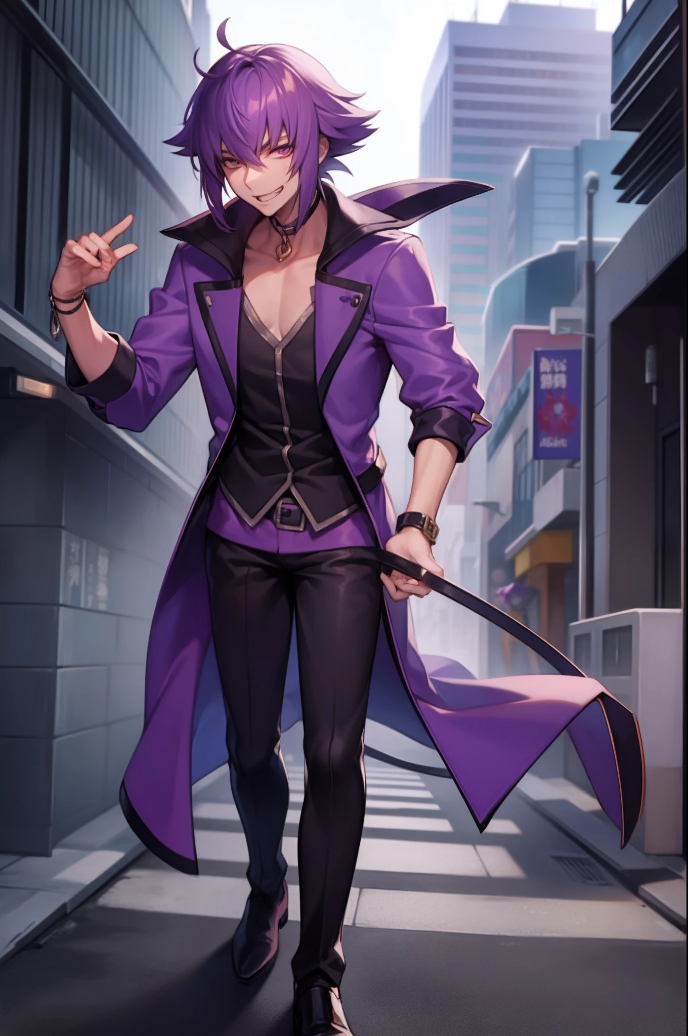 mirokujiyuuya, yanke, short hair, purple hair, ,, vest, pants, ,, pullover, coat, smug, standing, solo focus, full body, walking, city, one character,