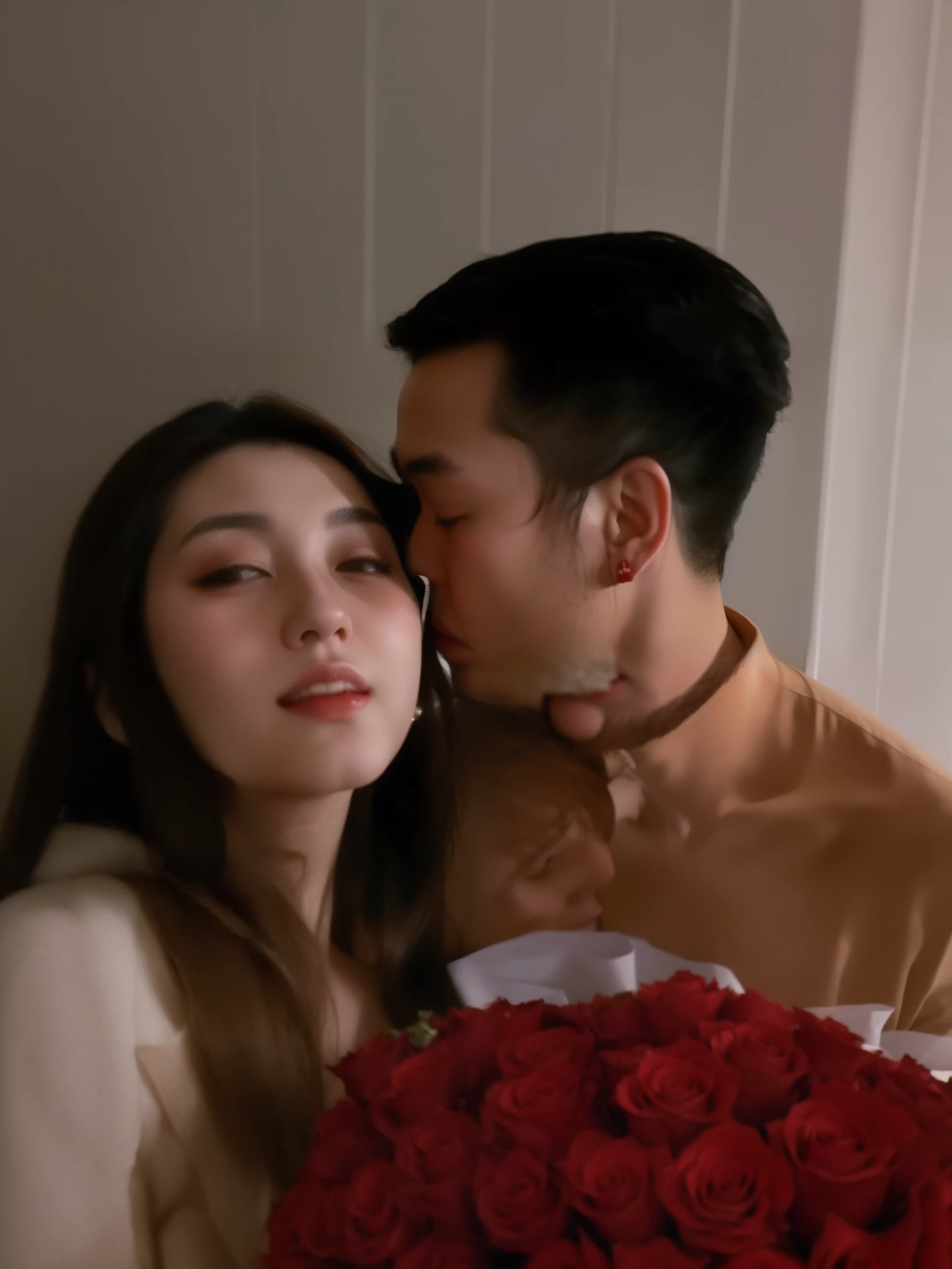 they are holding a bouquet of red roses and a man kissing her, profile picture, profile image, lovely couple, 😭🤮 💔, kissing together cutely, very very low quality picture, ruan jia and brom, very very low quality, ruan jia and fenghua zhong, 2 8 , couple, with flowers, happy couple