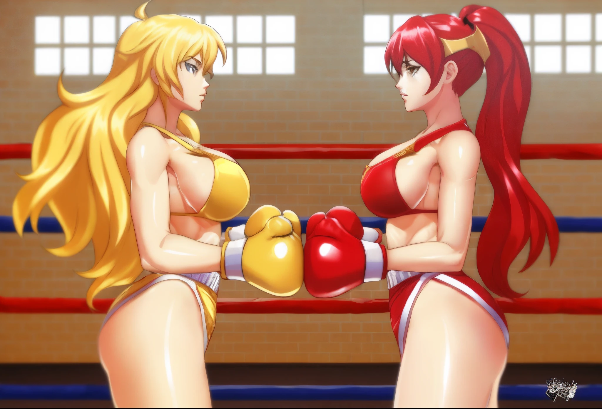 two women in underwears are boxing in a ring, boxing match, fight battle, anime fight, sfw version, fighting game, fighting each other, in a boxing ring, asuka suit under clothes!, fight, fights, hajime no ipo box fight, fighting, showdown, boxing, fight pose, twintails white_gloves, intense battle, golden gloves