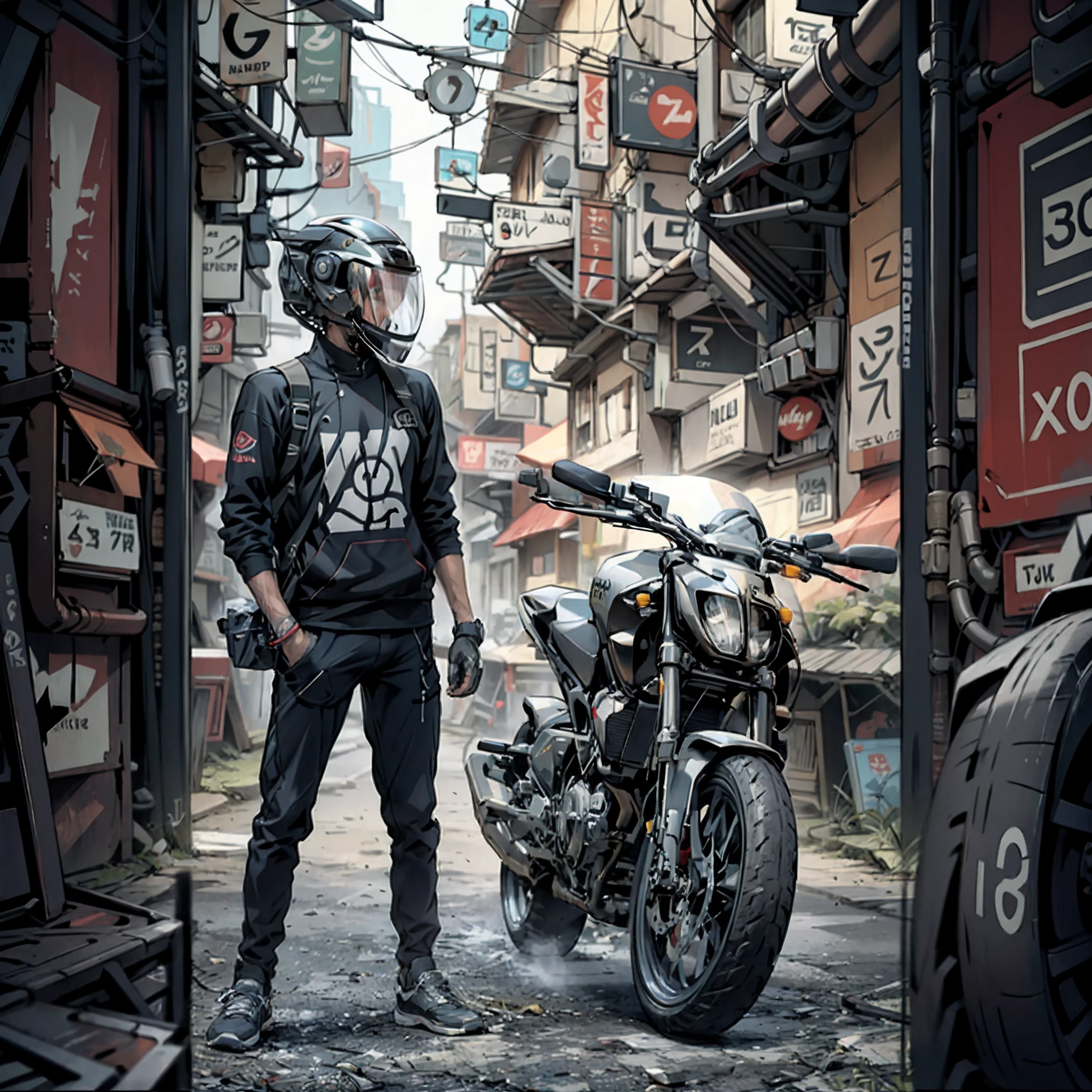 Cyber punk world, stylish clothes, don't change face, natural skin don't change bike,