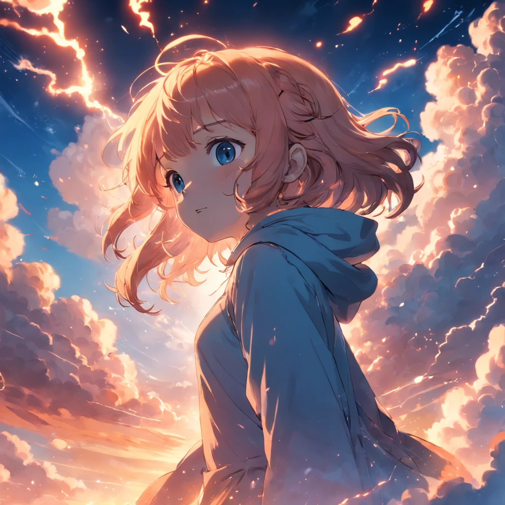 masterpiece, best quality, movie still, 1girl, cloud girl, floating in the sky, close-up, bright, happy, warm soft lighting, sunset, (sparks:0.7)
