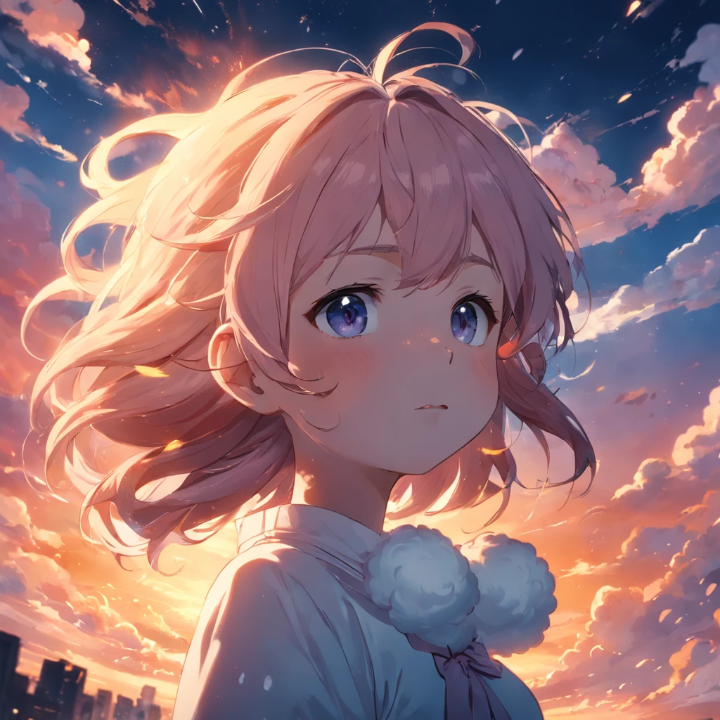 masterpiece, best quality, movie still, 1girl, cloud girl, floating in the sky, close-up, bright, happy, warm soft lighting, sunset, (sparks:0.7)