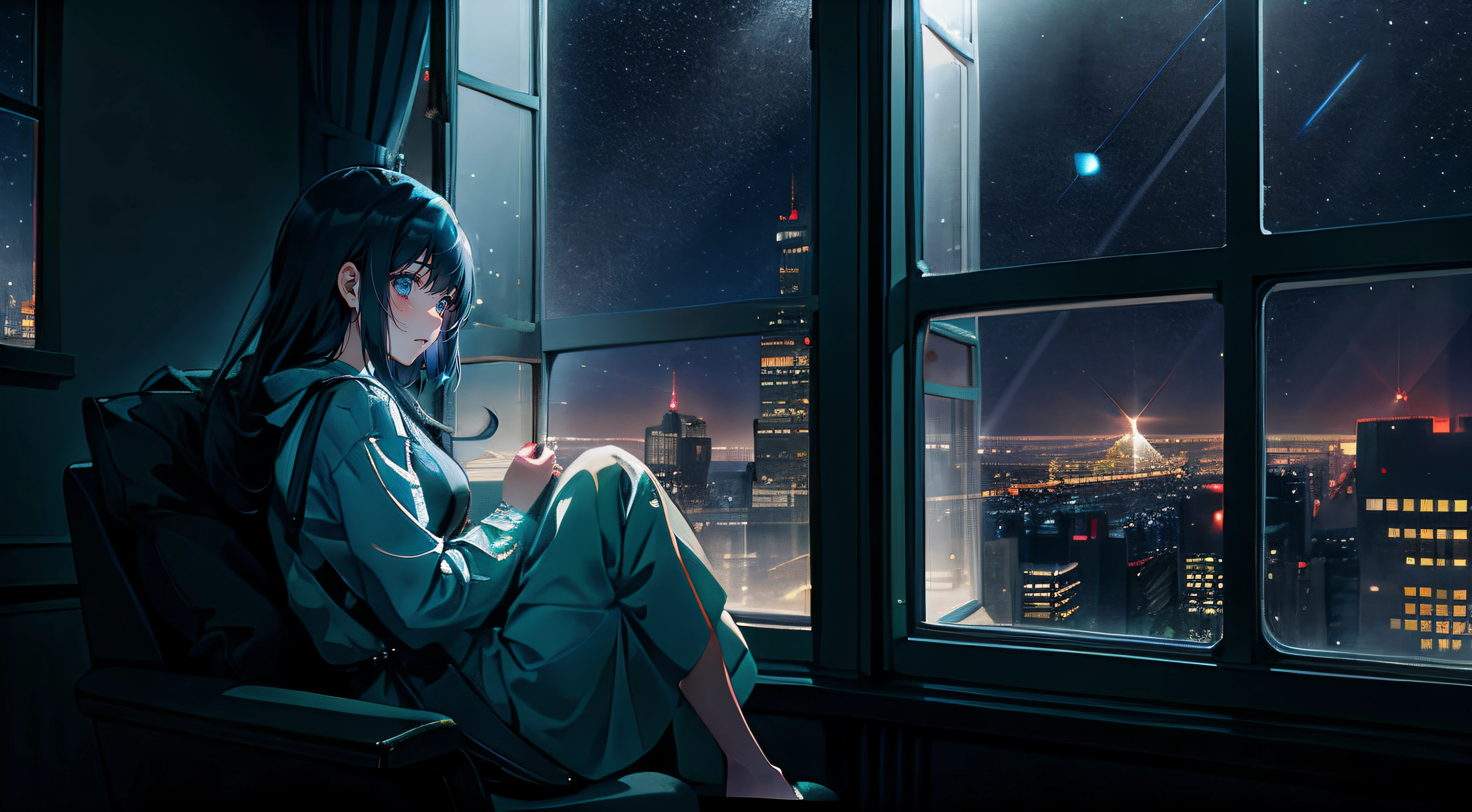 Girl sitting alone by the window，Night view of the city outside the window，The starry sky outside the window sparkles，Very lonely，A soft shimmer shone on the girl，Rich details inside the window，There are plush dolls inside the window，There are night lights on the inner walls of the windows，The girl looks at the scenery outside the window with a lonely back，The picture is hazy，the lighting is subdued