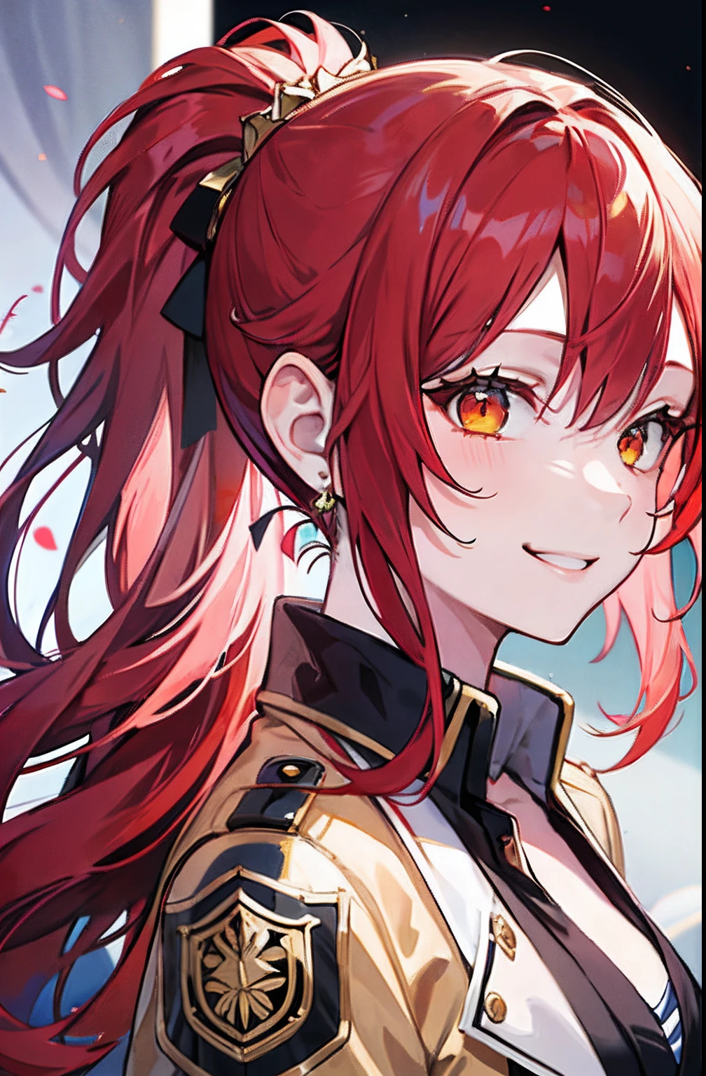 Ponytail , long hair, red hair, golden eyes, smile girl, cool girl, bad girl, high school girl, royal, portrait, princess