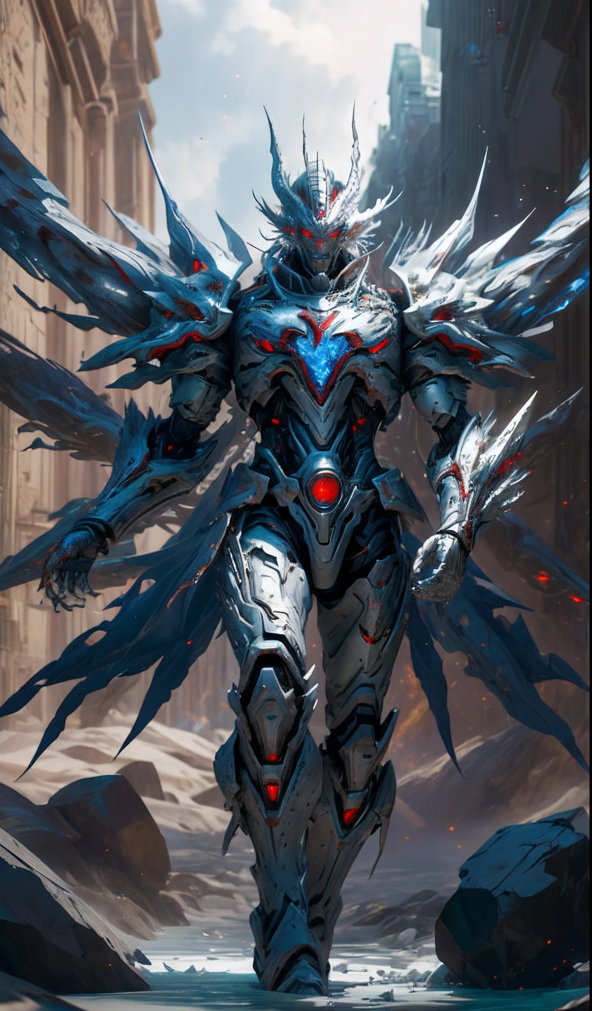 ((Masterpiece)), (Best Quality)), 8k, High Detail, Ultra Detailed, Extremely Detailed CG Unity 8k Wallpaper, 1 Mecha Boy, (Solo Exhibition: 1.2), {White Bone|Silver Smelt|Ice Crystal|Blood Demon|Phantom Dragon|Thunder} Armor, Red Eyes, Sci-Fi, War, Conflict, Movie Magnificence, (Weapons: 1), Fully Armed, (Floating {Wind|Water Magic|Ink|Crystal|Fire|Ice|Flame|Lightning|Network|Rock|Sand|Particles|Spark|Blood}:1.2)