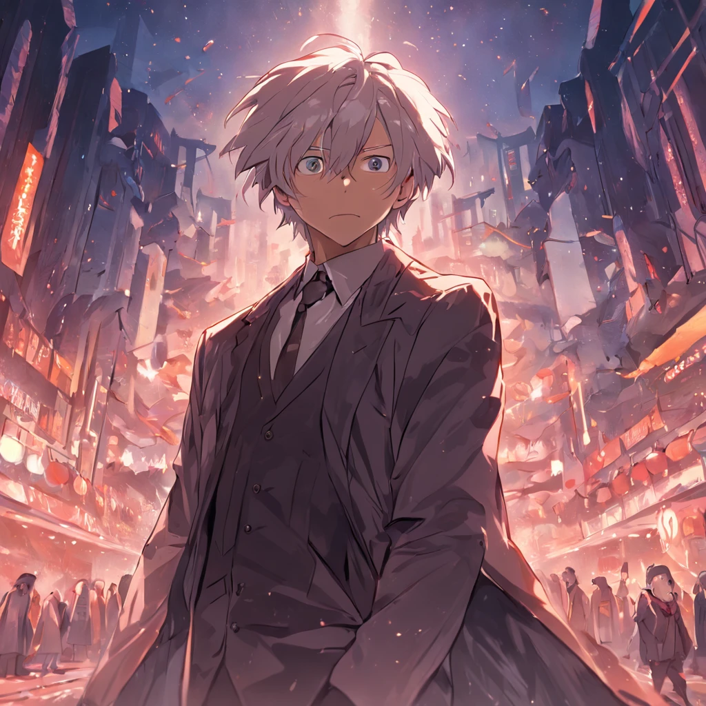 Middle-aged man in suit，50yearsold，Wrinkles on the face，hoary，whaite hair，tall and straight，Fierce，Exaggerated expressions，urban backdrop