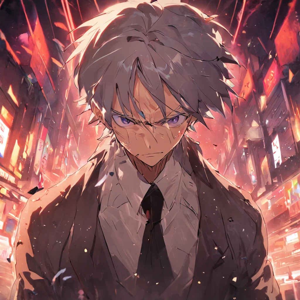 Middle-aged man in suit,50yearsold,Wrinkles on the face,hoary,whaite hair,tall and straight,Fierce,Exaggerated expressions,urban backdrop