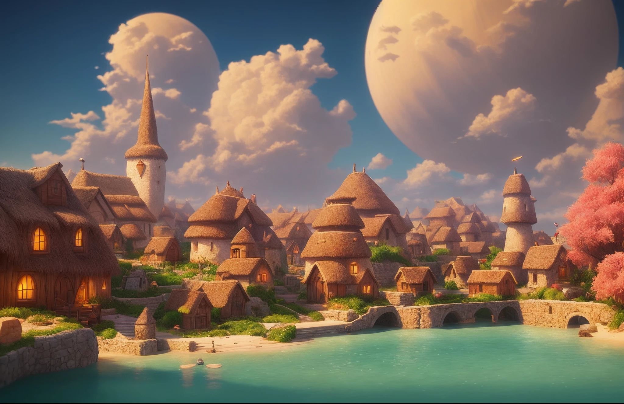 a fantasyinspired painting of a village on the shore, in the style of kawacy, rendered in cinema4d, bulbous, precise nautical detail, inventive character designs, whimsical cartoon-style, 32k uhd --ar 2:1
