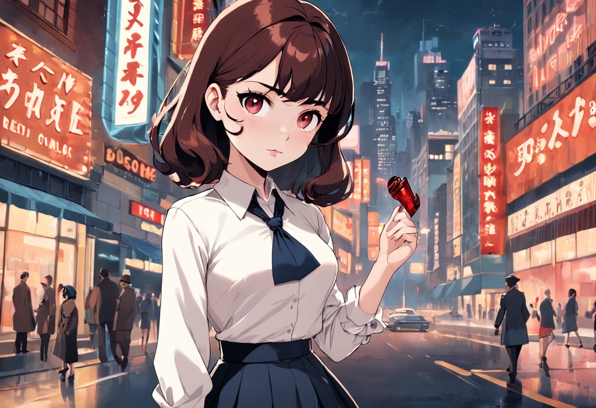 The description of Mallory Malone's outfit is very detailed and has a unique and interesting style. Her choice of white blouse with long sleeves, contrasting with a fitted black knee-length skirt with red accents, creates a striking visual contrast. Black heeled shoes with an ankle strap give the look a stylish look. In addition to clothing, vintage 1950s bob hairstyle adds a retro and timeless element to Mallory Malone's style. This type of hairstyle is known for its neat and short look, usually the length of the jaw at the ends, wrapped inside. This hairstyle selection adds a vintage look to the look and complements Mallory's overall style. Makeup also plays an important role in the image of Mallory Malone. So far, specific details about makeup, mentioned in the description, no man, You can imagine, that it can look in the style of the 1950s.
