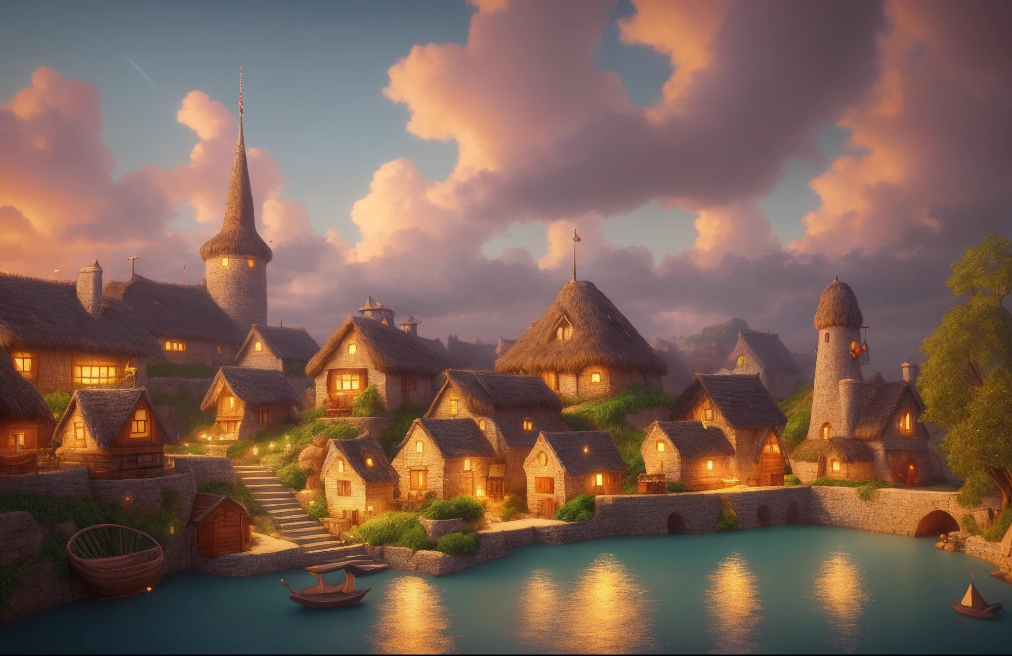 a fantasyinspired painting of a village on the shore, in the style of kawacy, rendered in cinema4d, bulbous, precise nautical detail, inventive character designs, whimsical cartoon-style, 32k uhd --ar 2:1