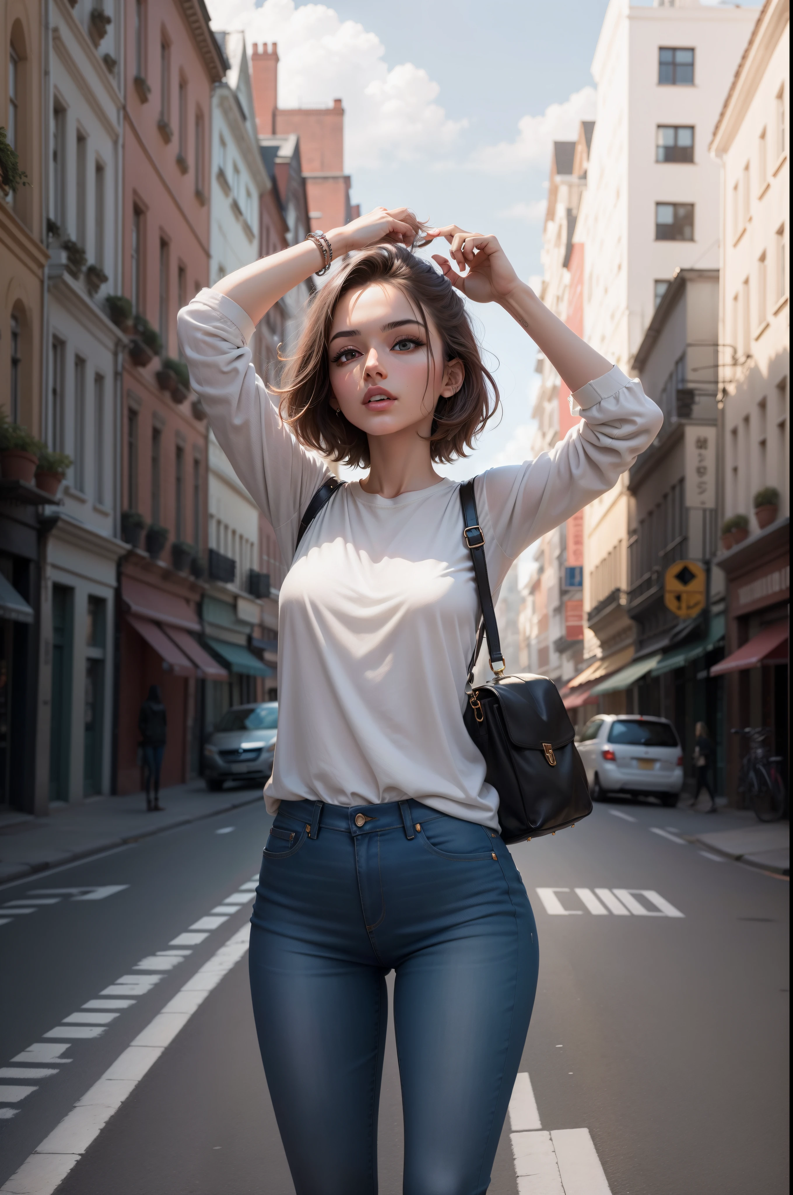 Background with，Middle of the road，Women wear skinny jeans，Perspective looking up，Observe the chest，no-bra，Youth beauty，Smoked bags