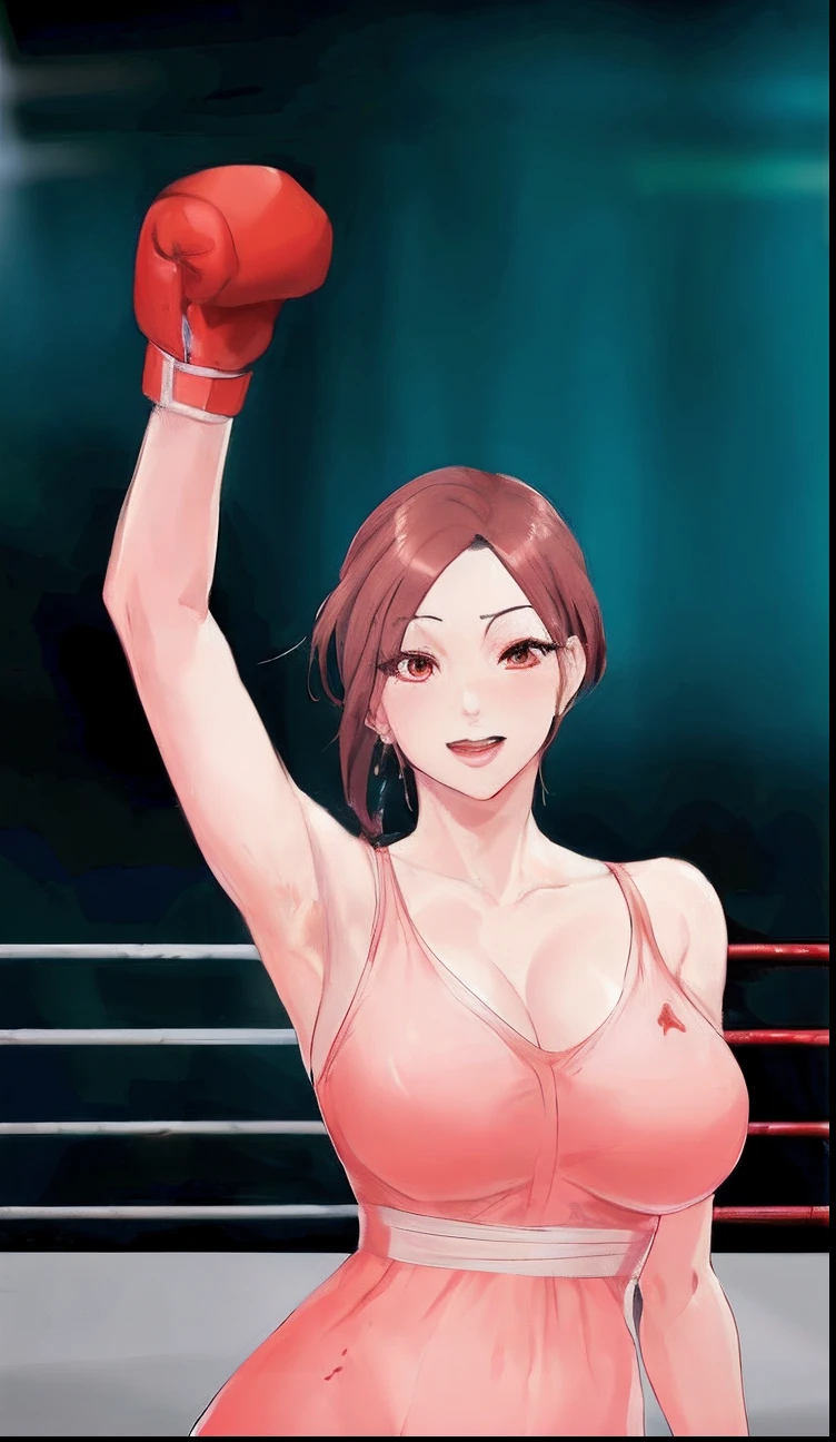 a close up of a woman in a dress with a boxing glove, in a boxing ring, boxing match, knockout punch, boxing, rumble roses, posing for a fight, tifa lockhart, she is ready to fight, posing ready for a fight, fists in the air, boxing stance, fighting game, fighting game character, posing for a fight intricate
