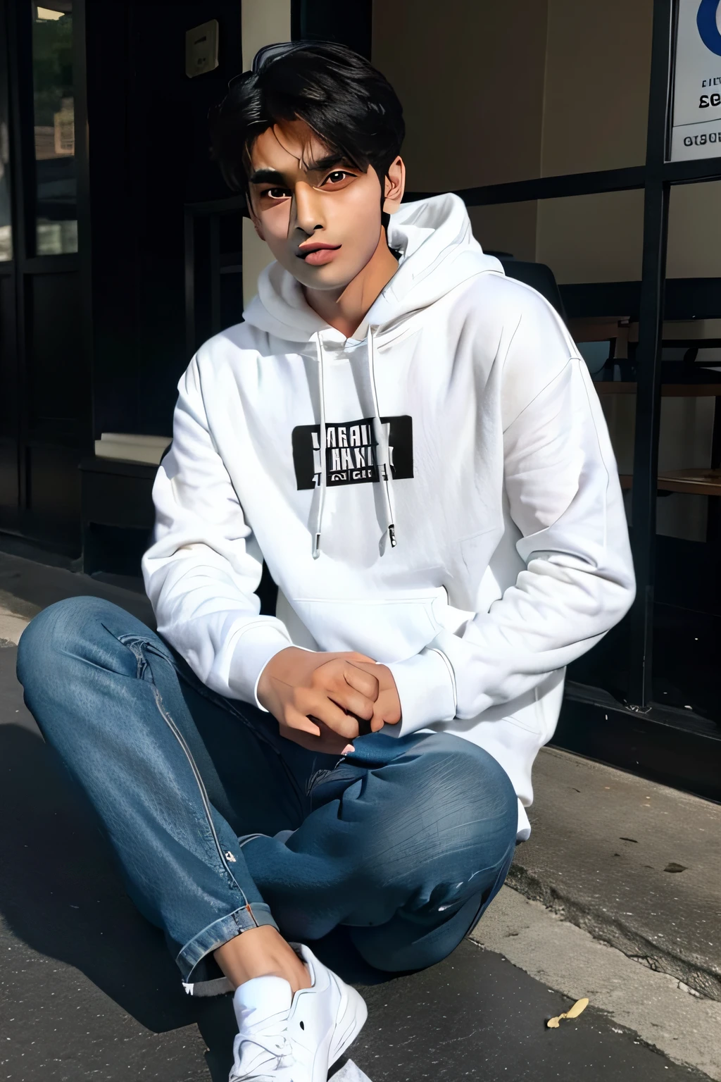 Seorang lelaki pemuda indonesia tampan pakai baju hoodie putih ada huruf F di baju ia sedang duduk santai di sebuah kafe 